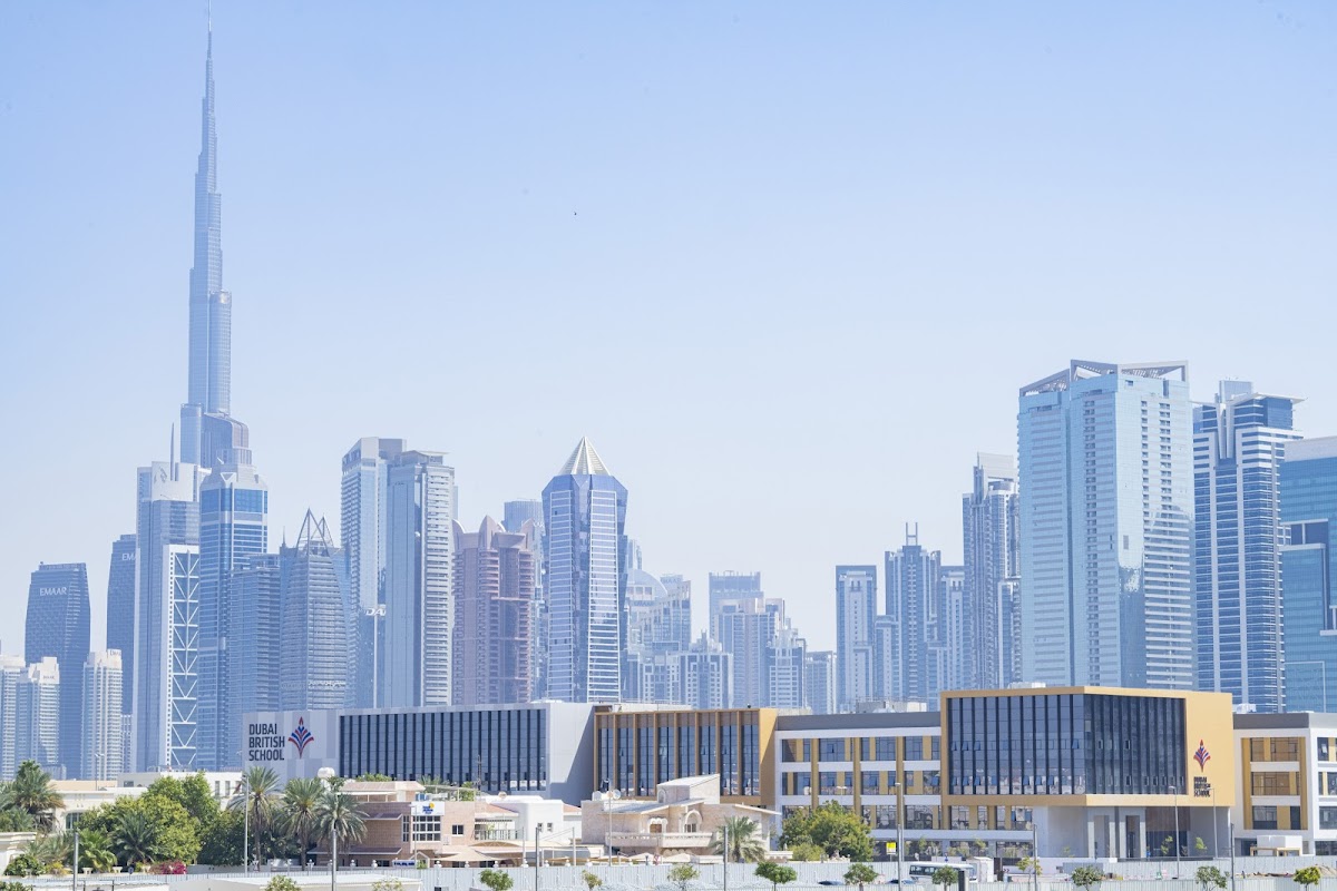 Dubai skyline with school buildings in the foreground at morning