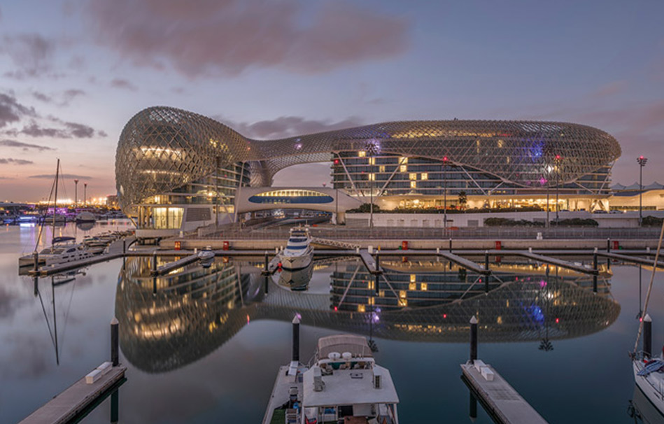 Yas Island Abu Dhabi waterfront and theme parks at dusk