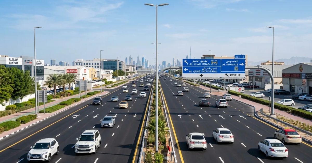 Al Khail Road traffic with Dubai residential communities nearby