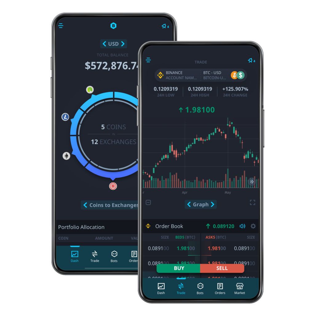 Cryptocurrency coins and a smartphone showing a trading app