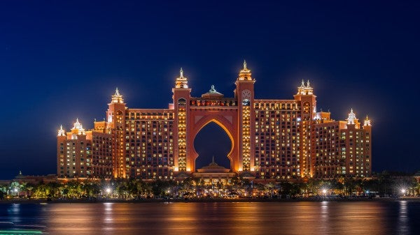 Atlantis The Palm Dubai illuminated at night