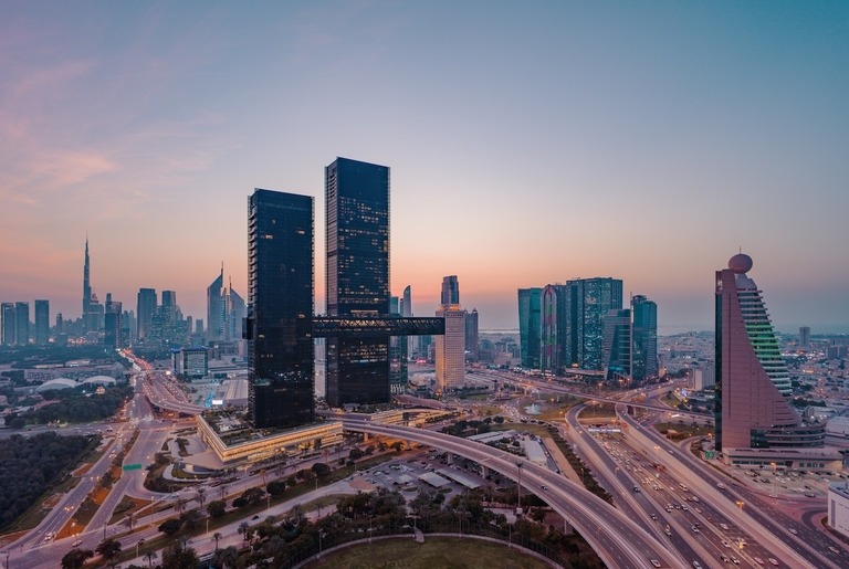 Emirates Towers Boulevard Dubai at evening