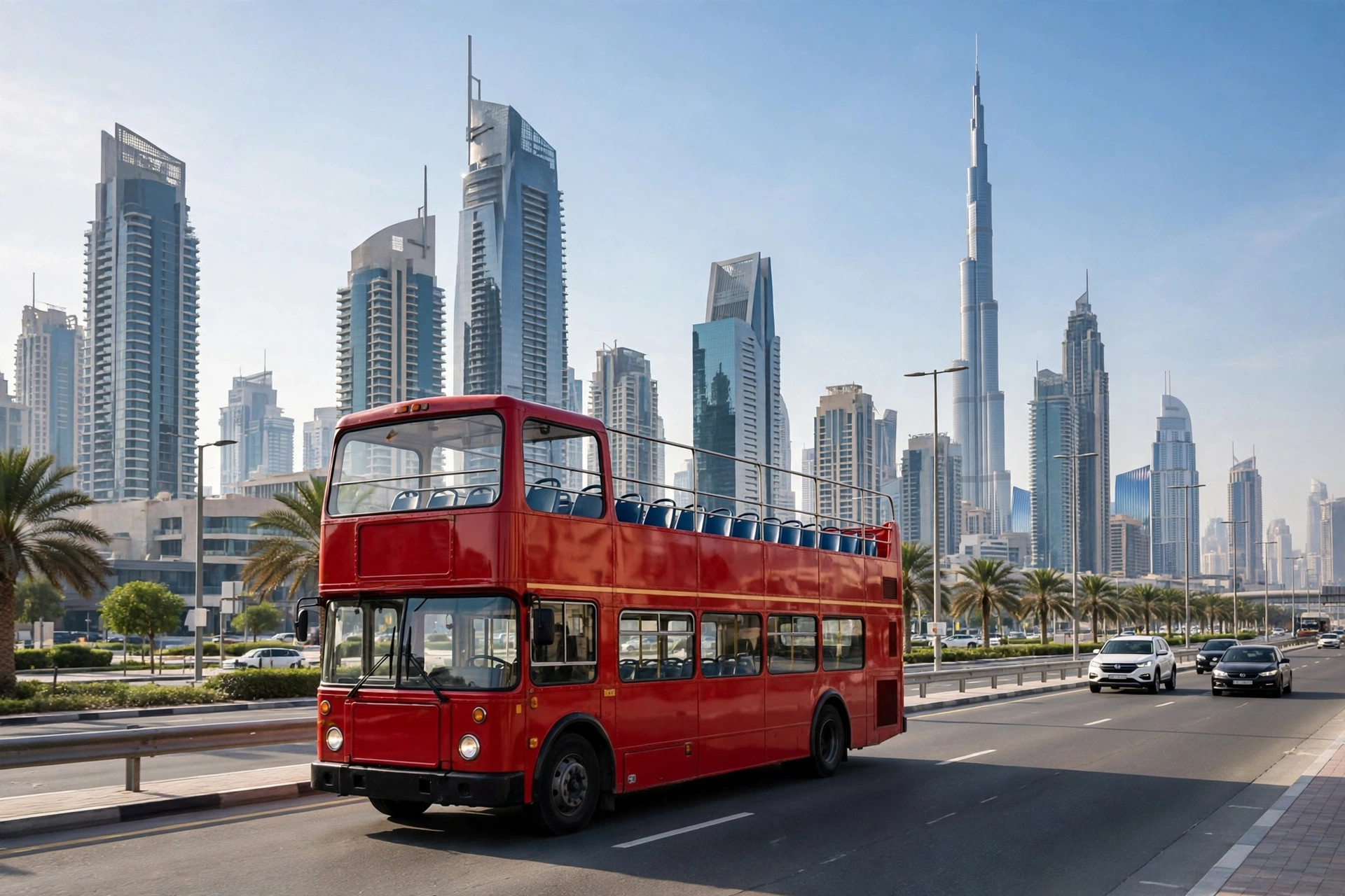 Open-top red double-decker sightseeing bus passing Dubai's modern skyline on a sunny day