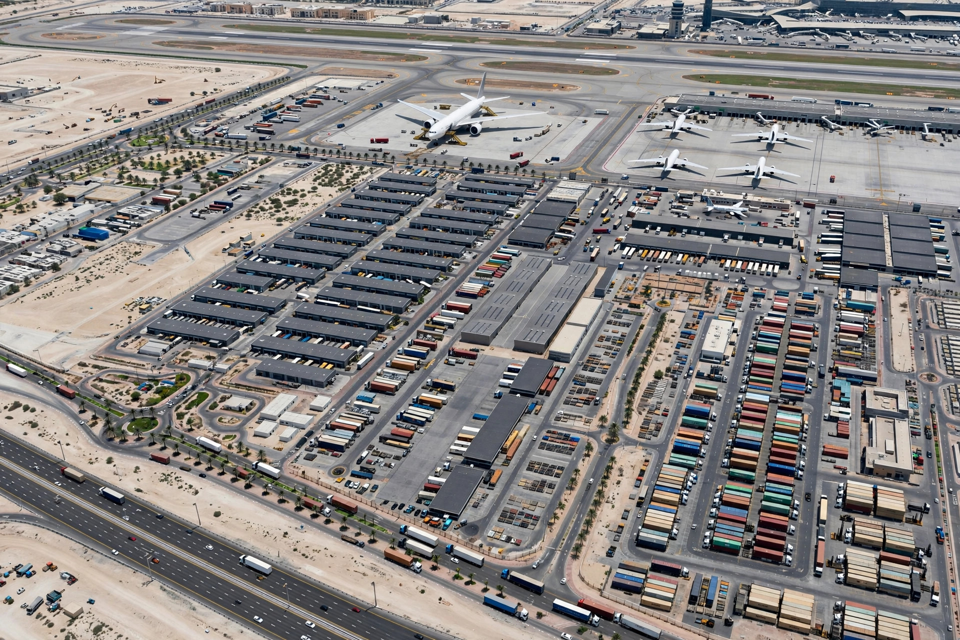 Aerial view of logistics warehouses and a cargo aircraft at Dubai South near Al Maktoum Airport