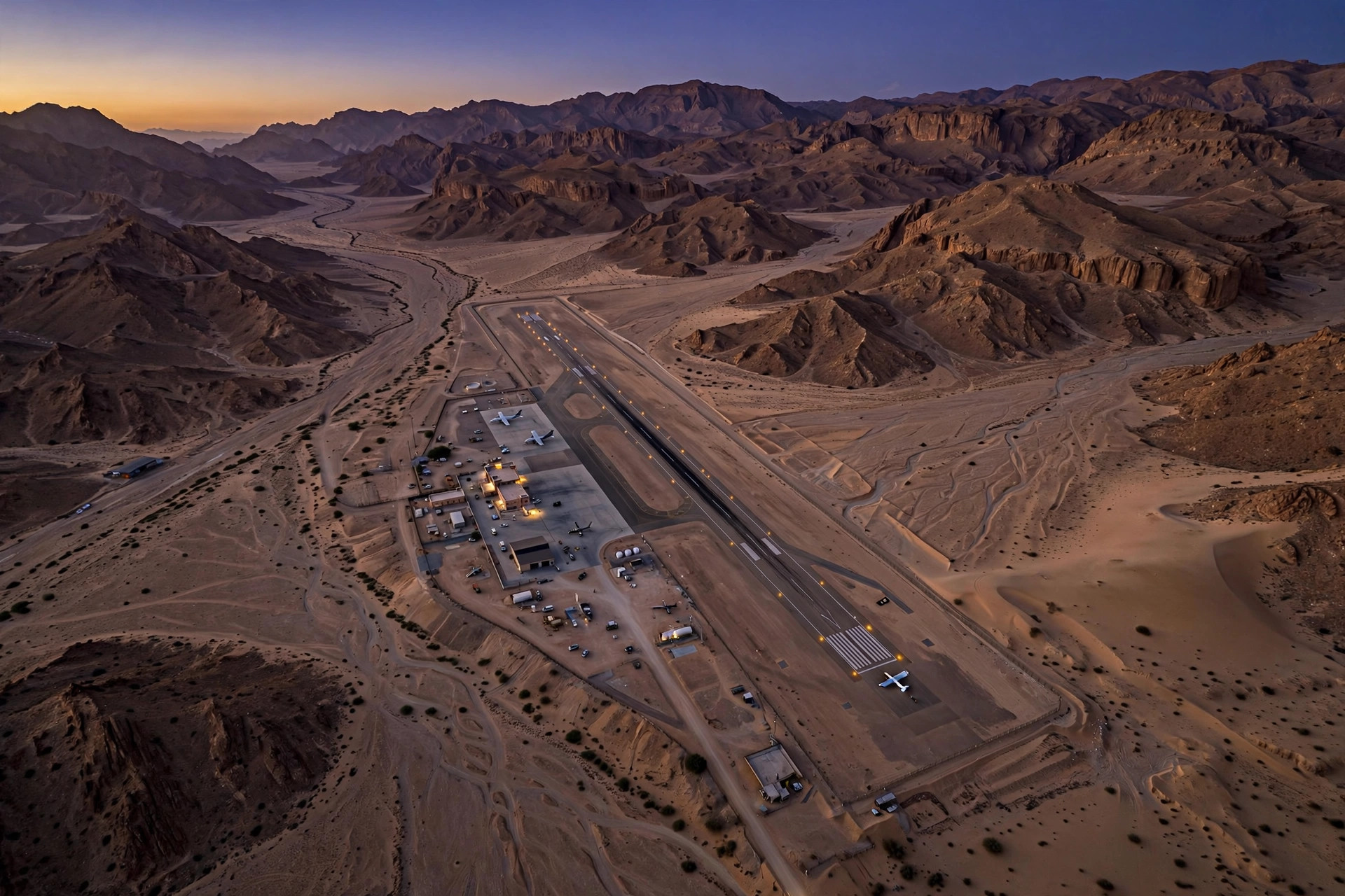 Aerial view of a desert airstrip near brown mountains in northwestern Saudi Arabia