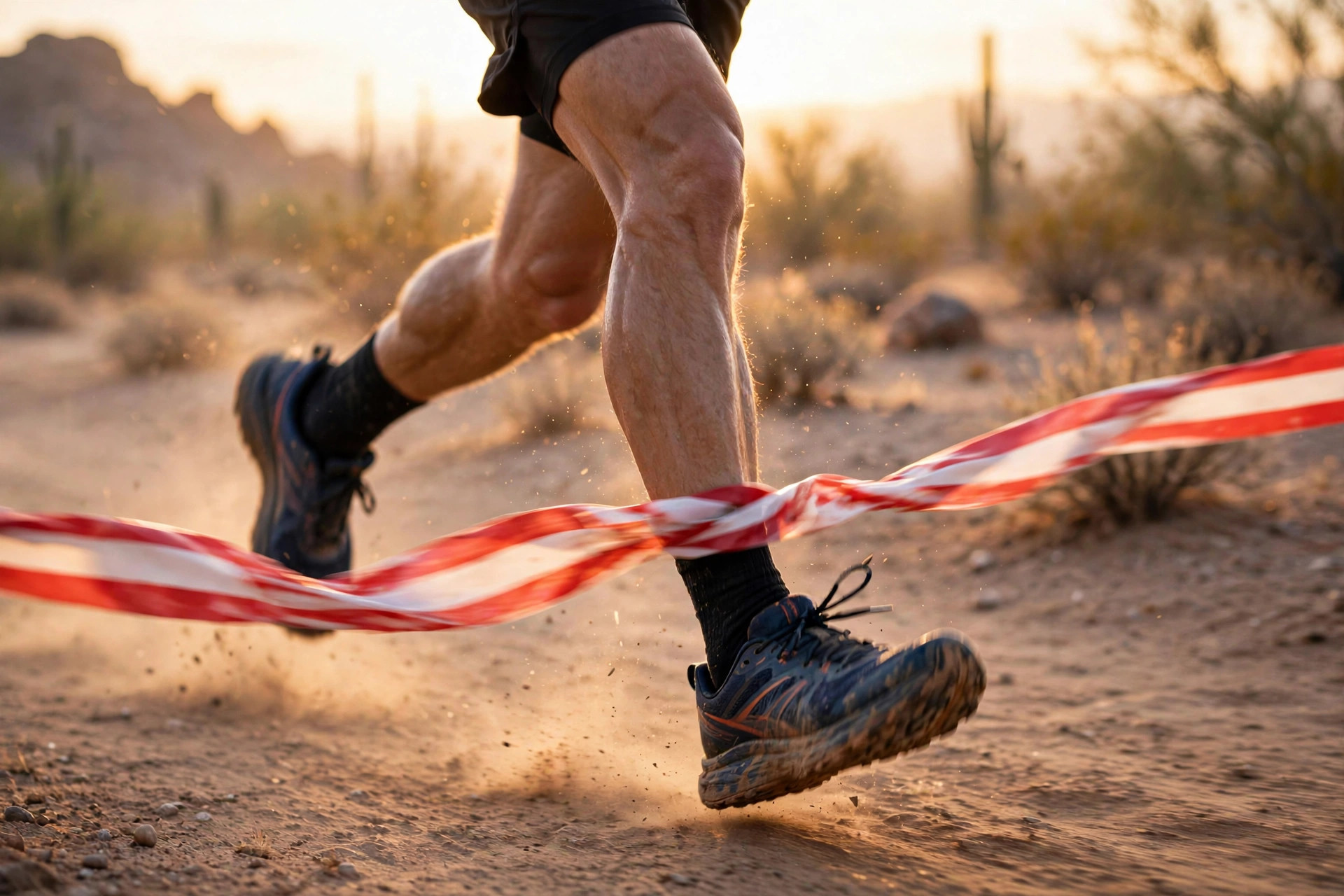 Runner crossing the finish line at sunrise during a desert park race