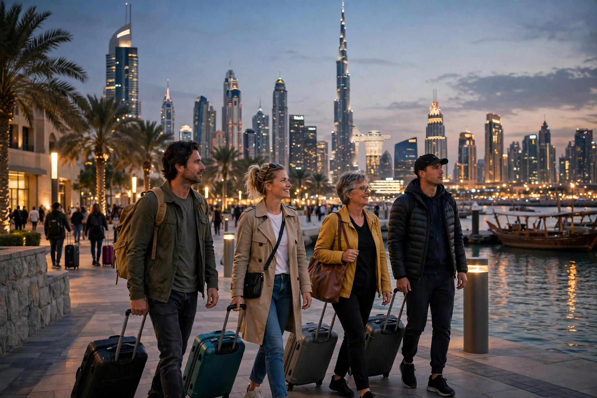 Tourists with suitcases arriving in Dubai with the city skyline behind them
