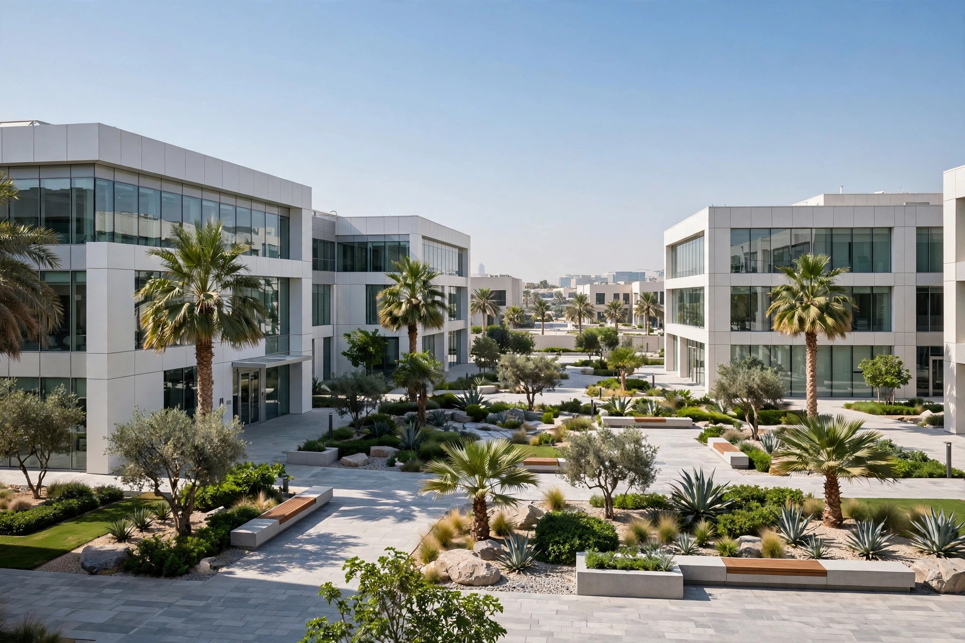 Modern free zone office buildings in Dubai on a sunny day