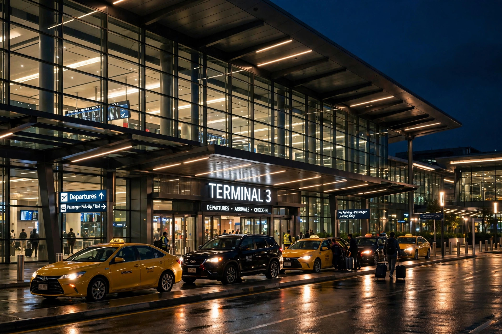 Modern airport terminal with illuminated glass facade at night