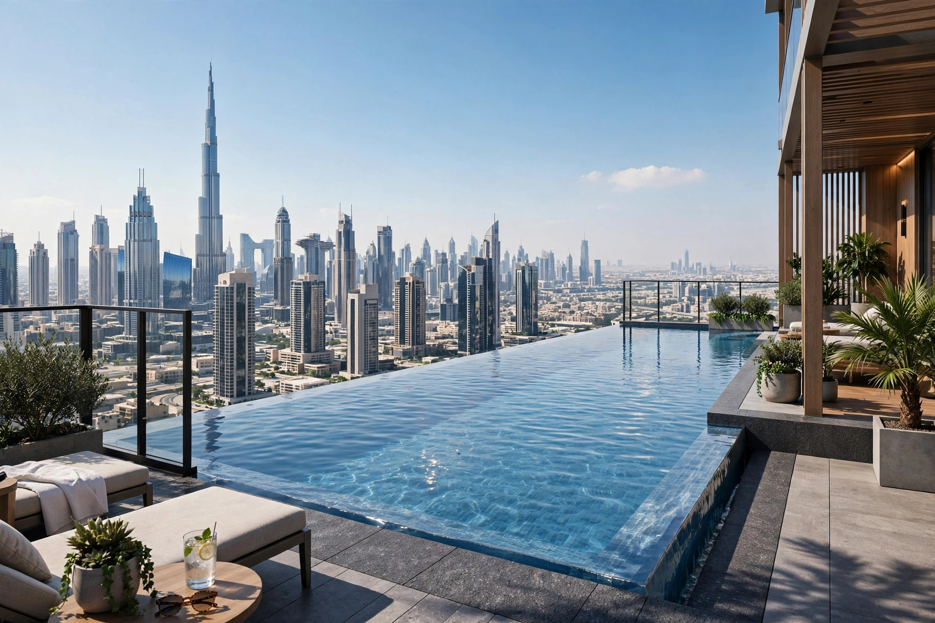 An infinity pool on a Dubai residential tower rooftop with the city skyline beyond in daytime