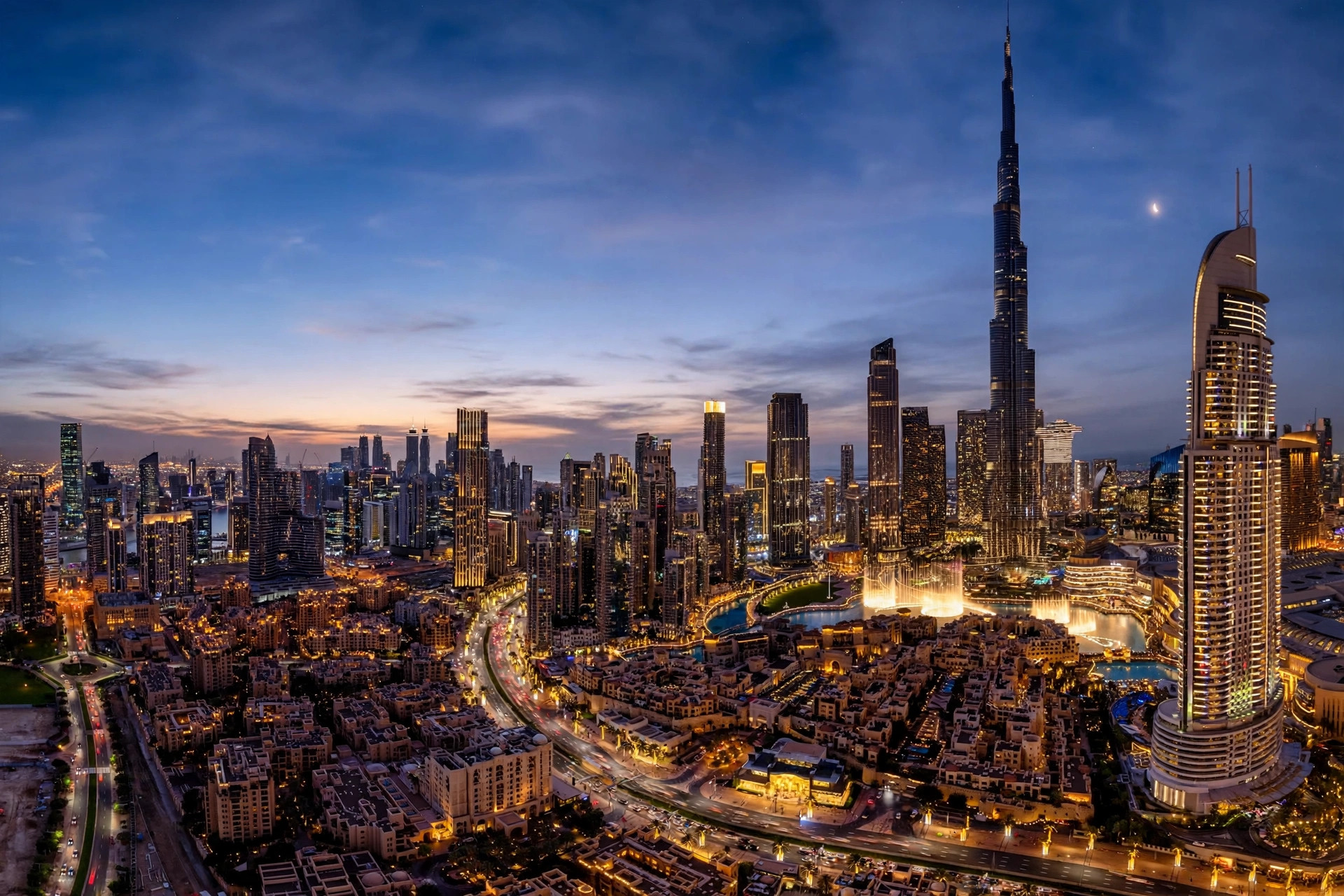 Dubai skyline at twilight with the Burj Khalifa as city lights come on