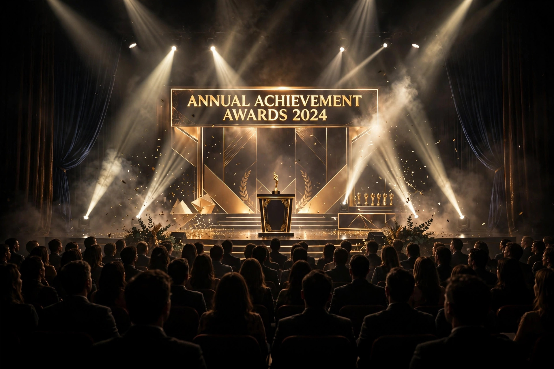 Awards stage with dramatic spotlight beams and silhouettes of an audience in a celebratory atmosphere
