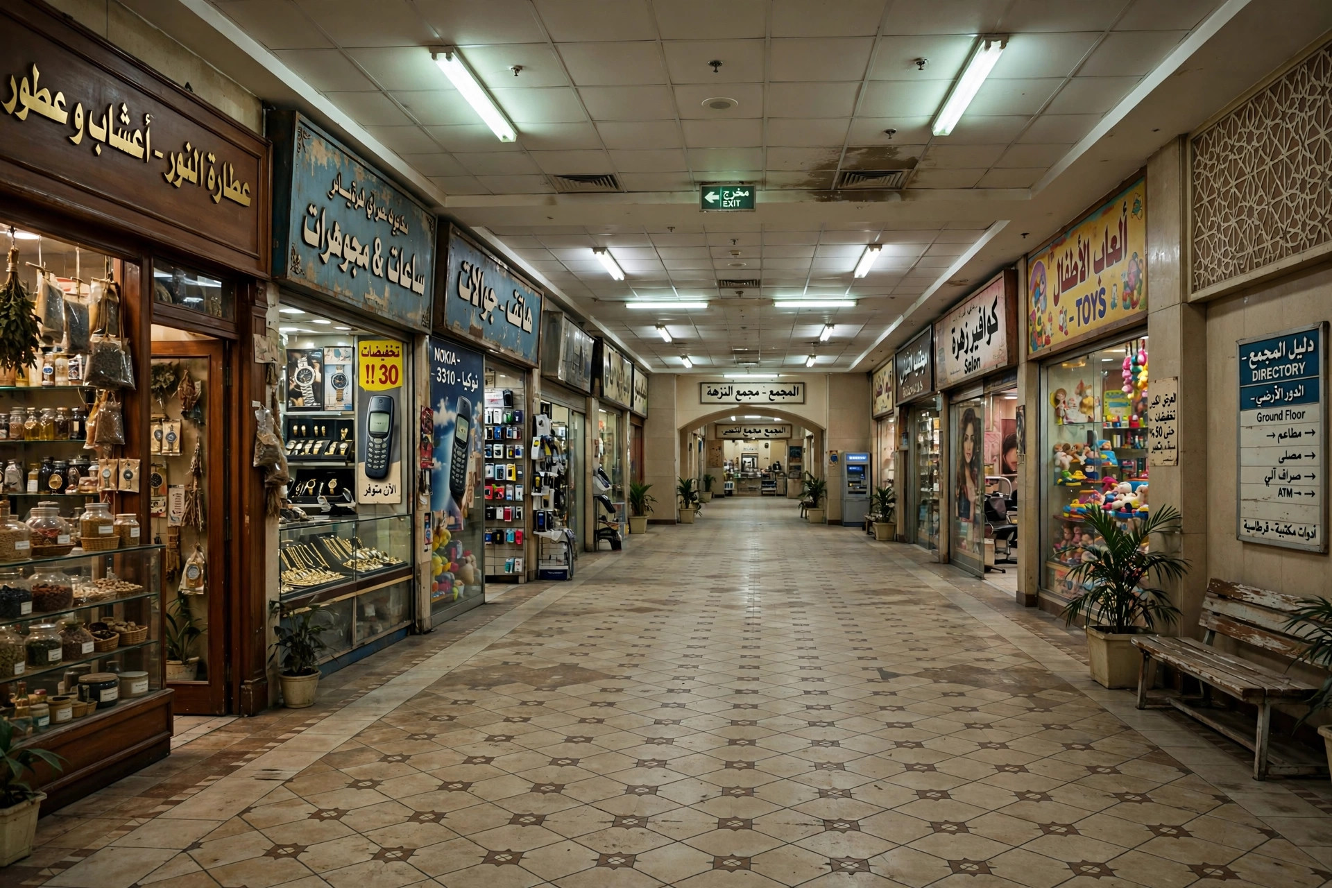 Quiet mall corridor with vintage storefronts and tiled floors