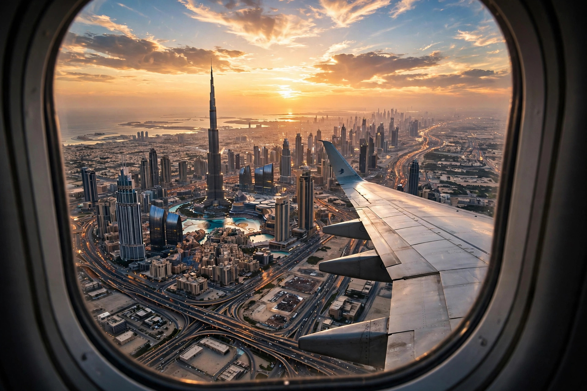 Dubai skyline with Burj Khalifa viewed from an airplane window at sunset