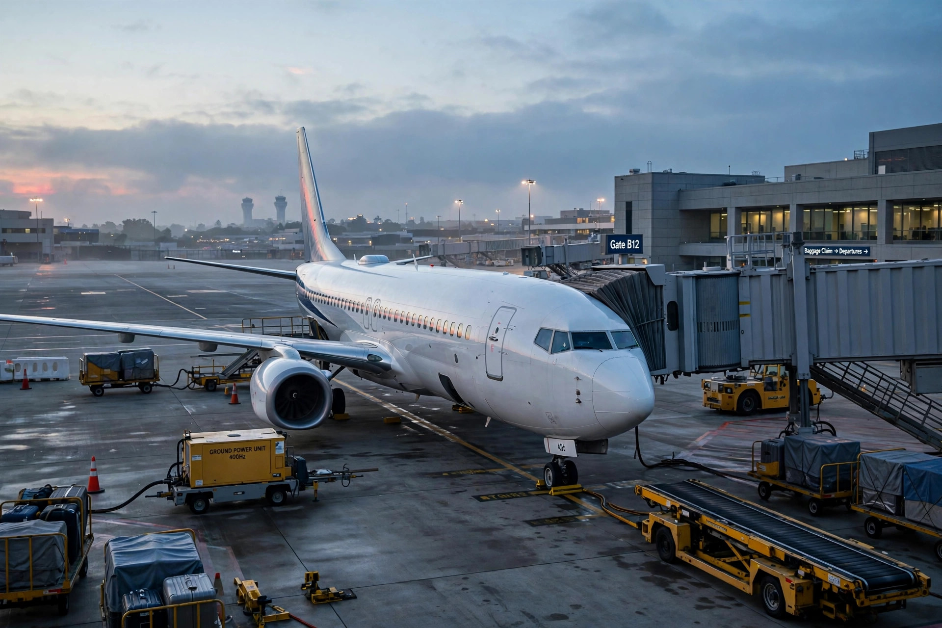 A commercial airliner parked at an airport gate at dawn with ground equipment nearby