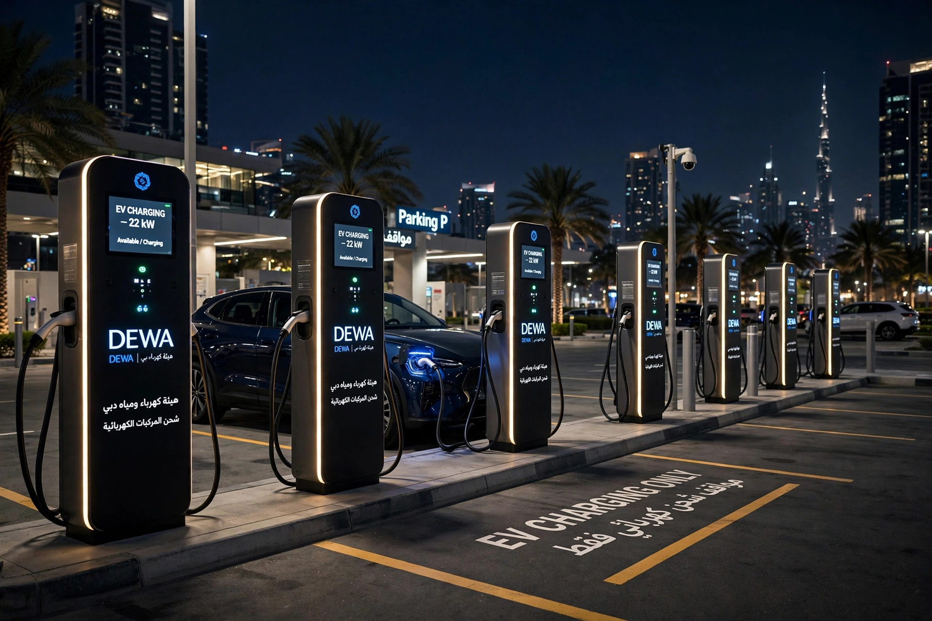 A row of electric vehicle charging stations glowing in a Dubai parking area at night