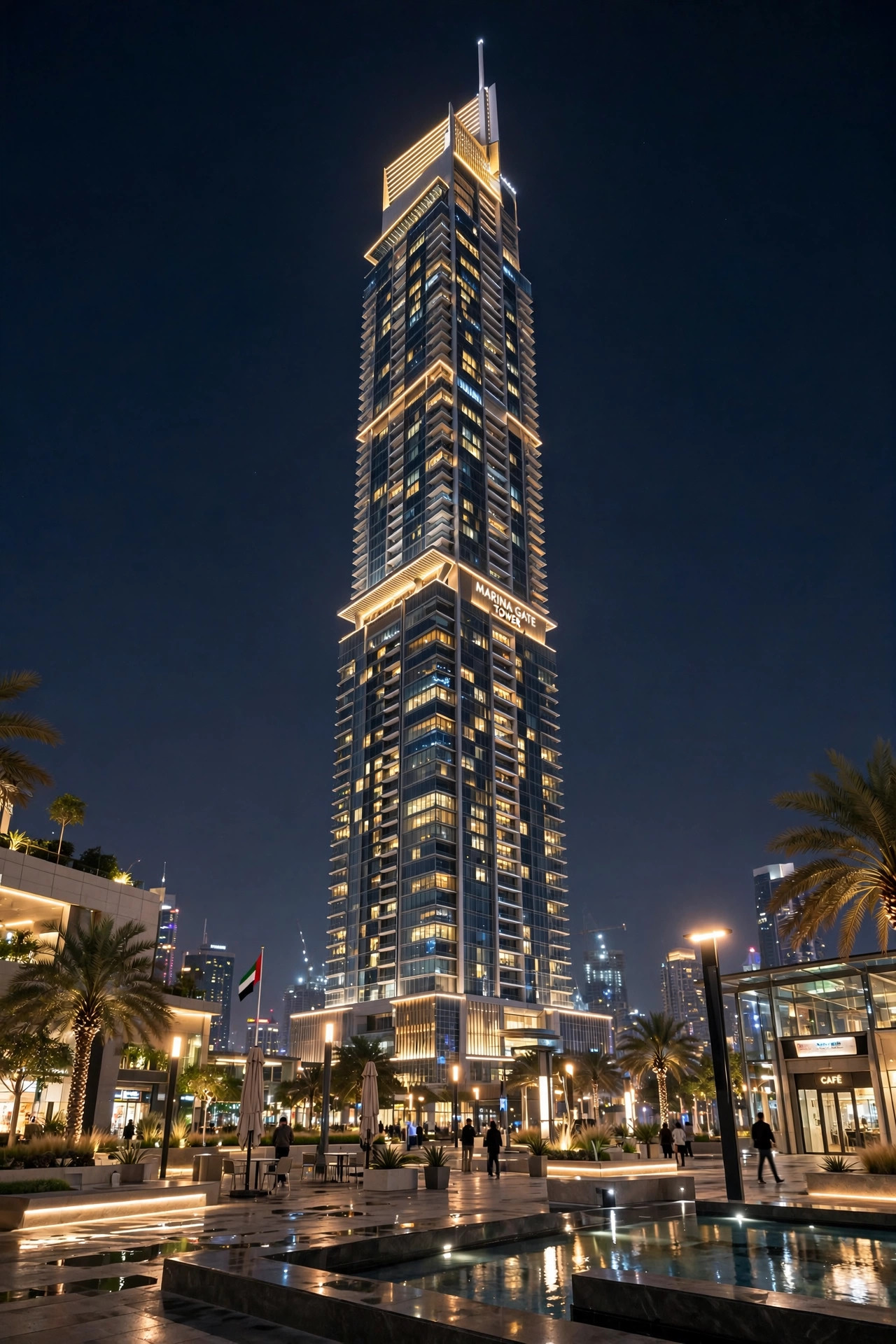 Tall modern glass skyscraper lit up at night, viewed from a plaza below
