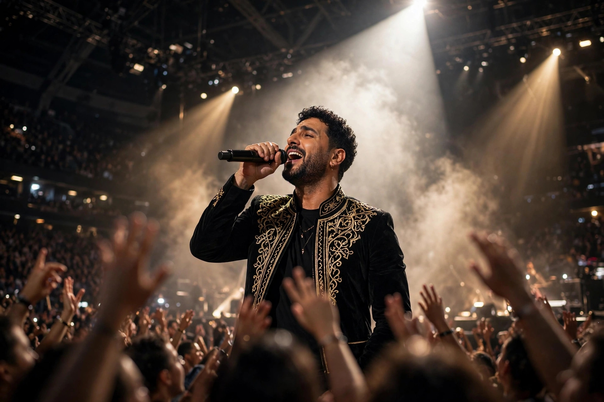 Singer performing on a brightly lit arena stage in Dubai with the crowd cheering