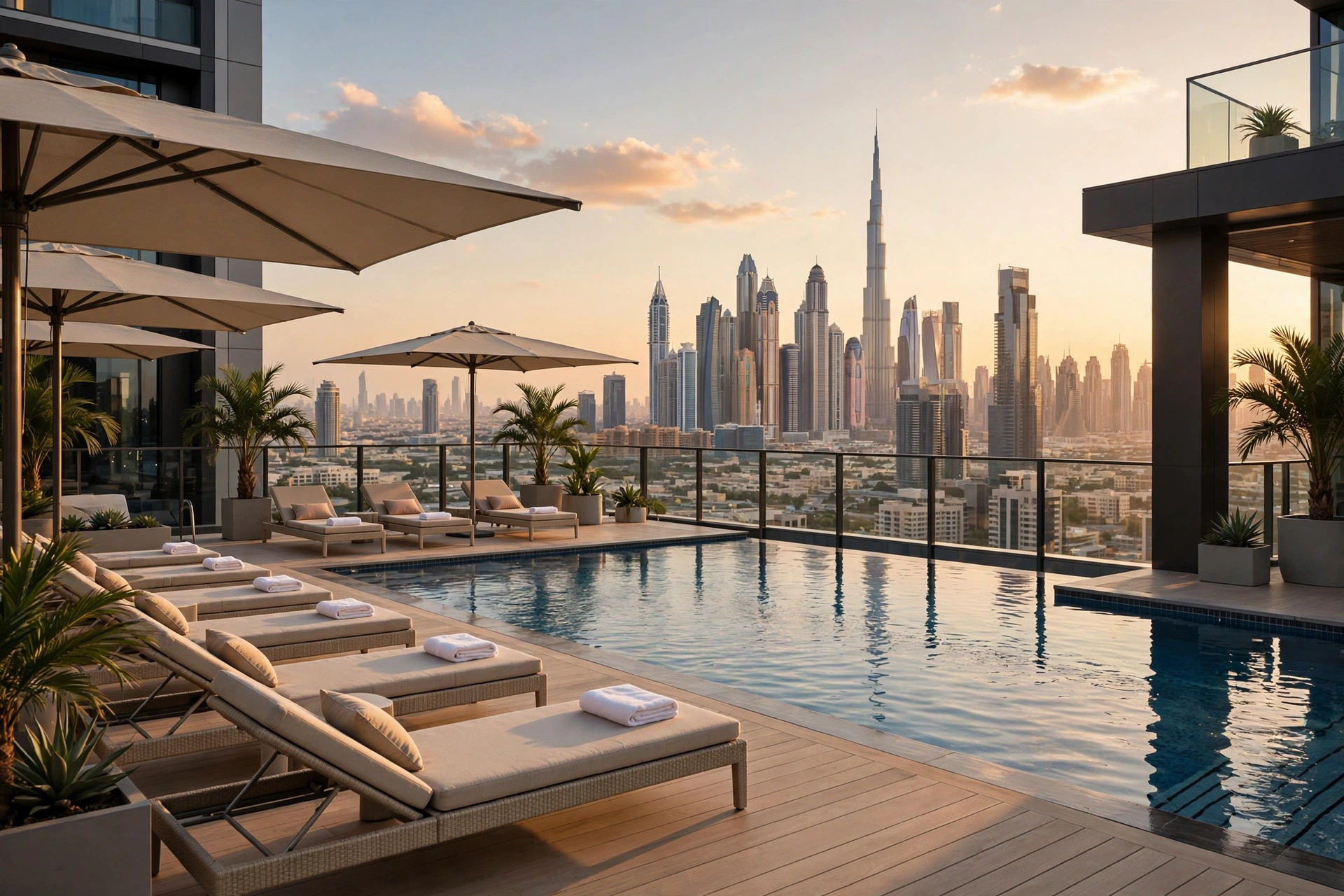 A hotel rooftop swimming pool in Dubai with city skyline views at golden hour