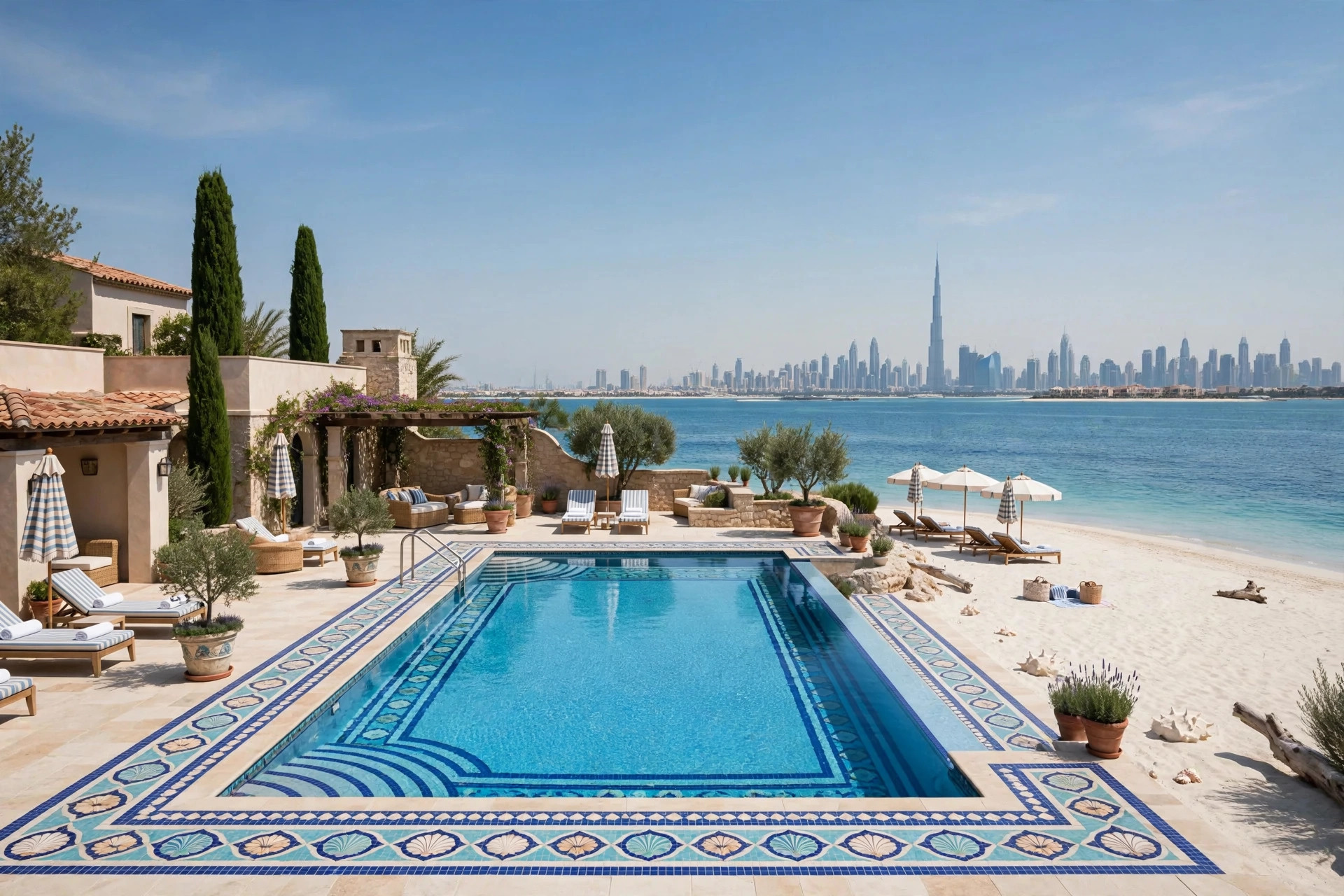 Mosaic-tiled resort pool beside a private beach on a man-made island, Dubai skyline in the distance