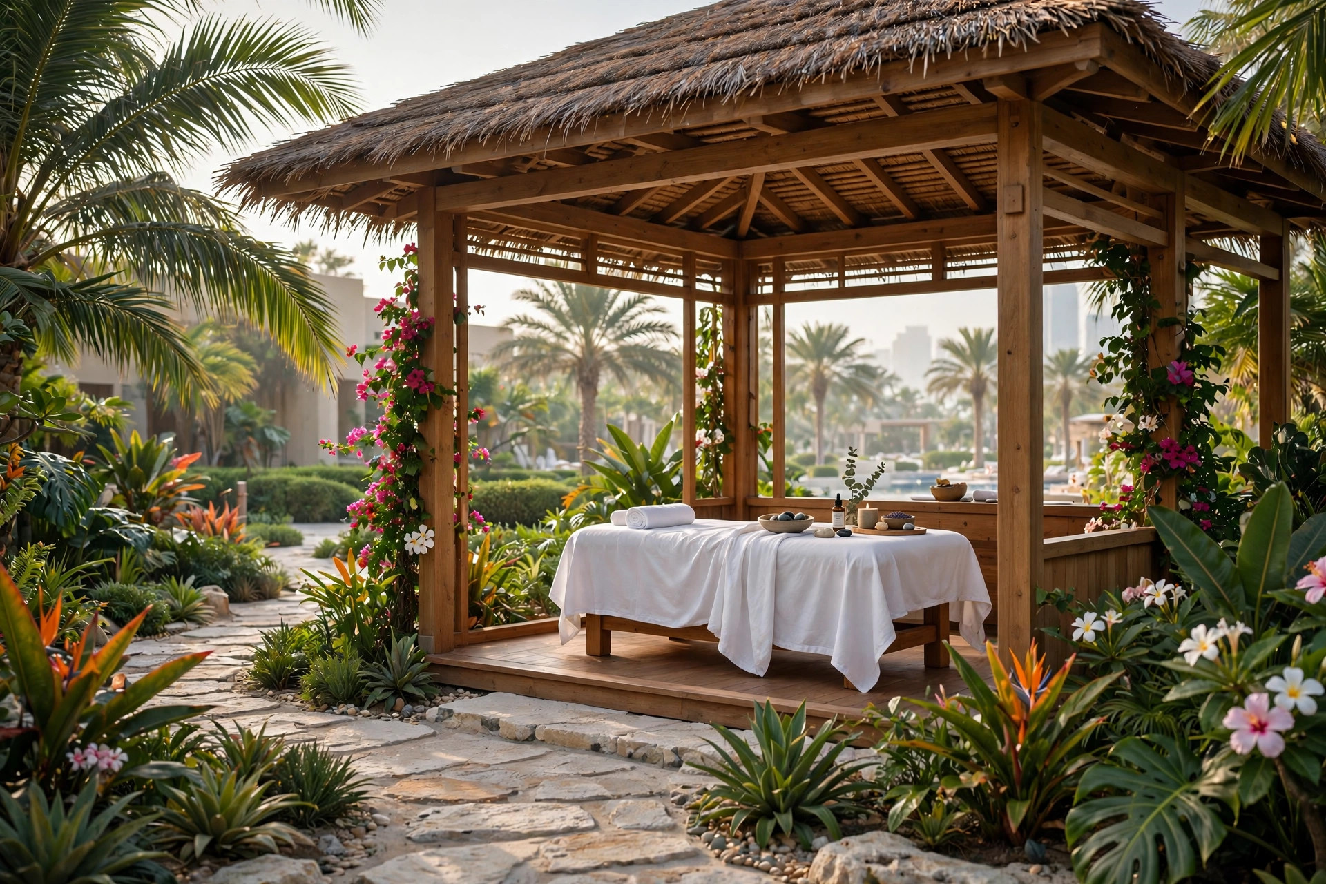 An open-air spa treatment pavilion surrounded by palm trees at a Dubai resort