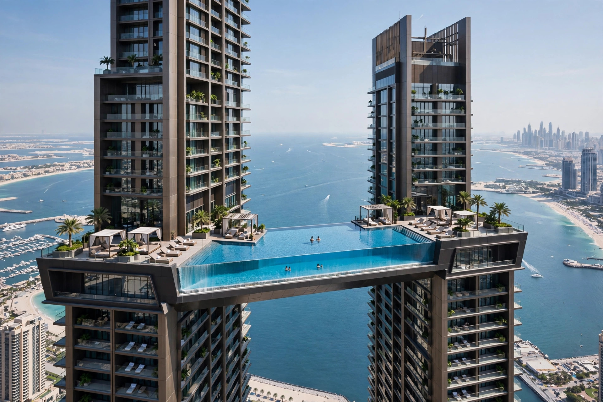 Dramatic modern hotel towers with sky-high infinity pools overlooking the sea in Dubai