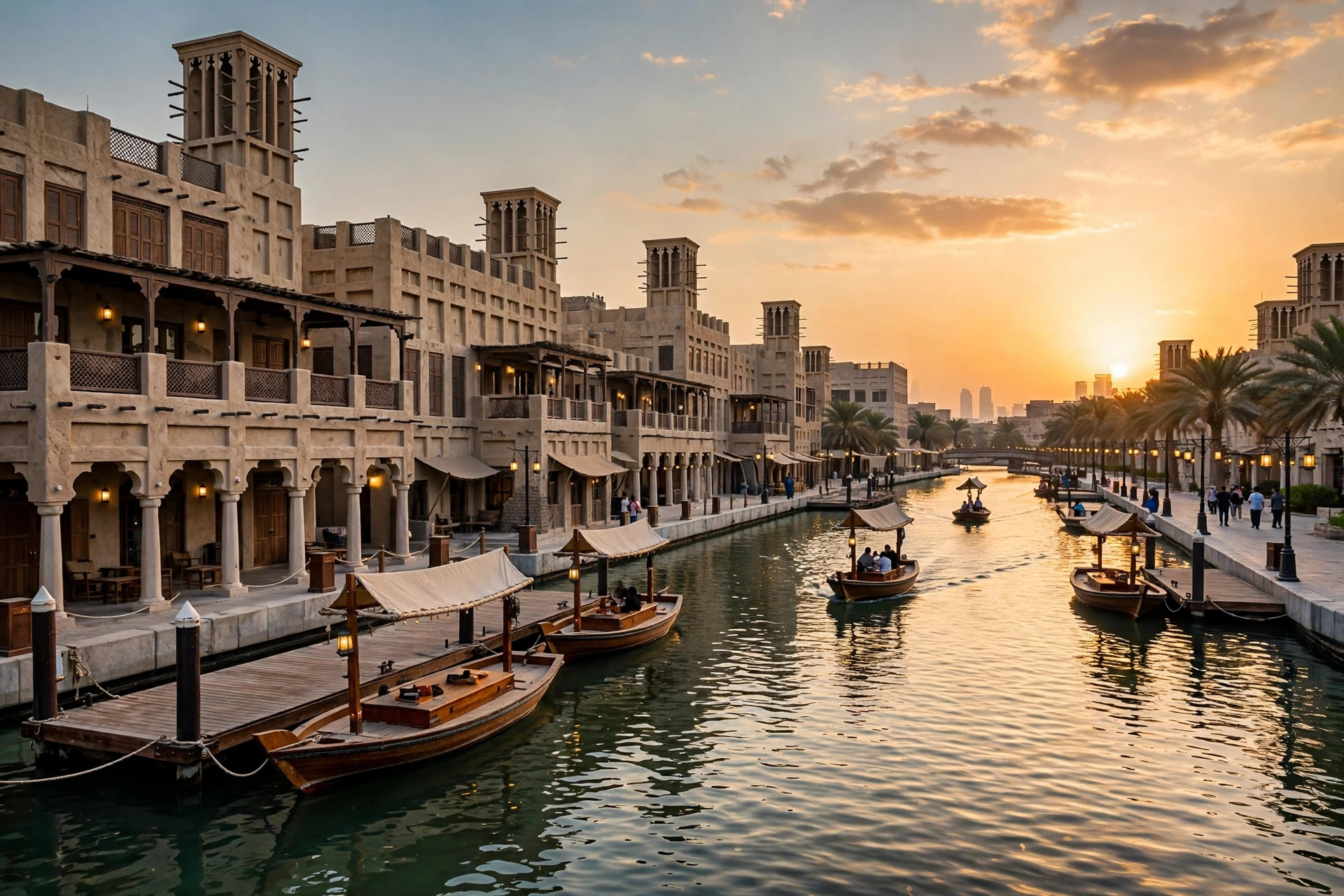 Heritage-style houses along Dubai Creek at Al Seef with traditional abra boats nearby