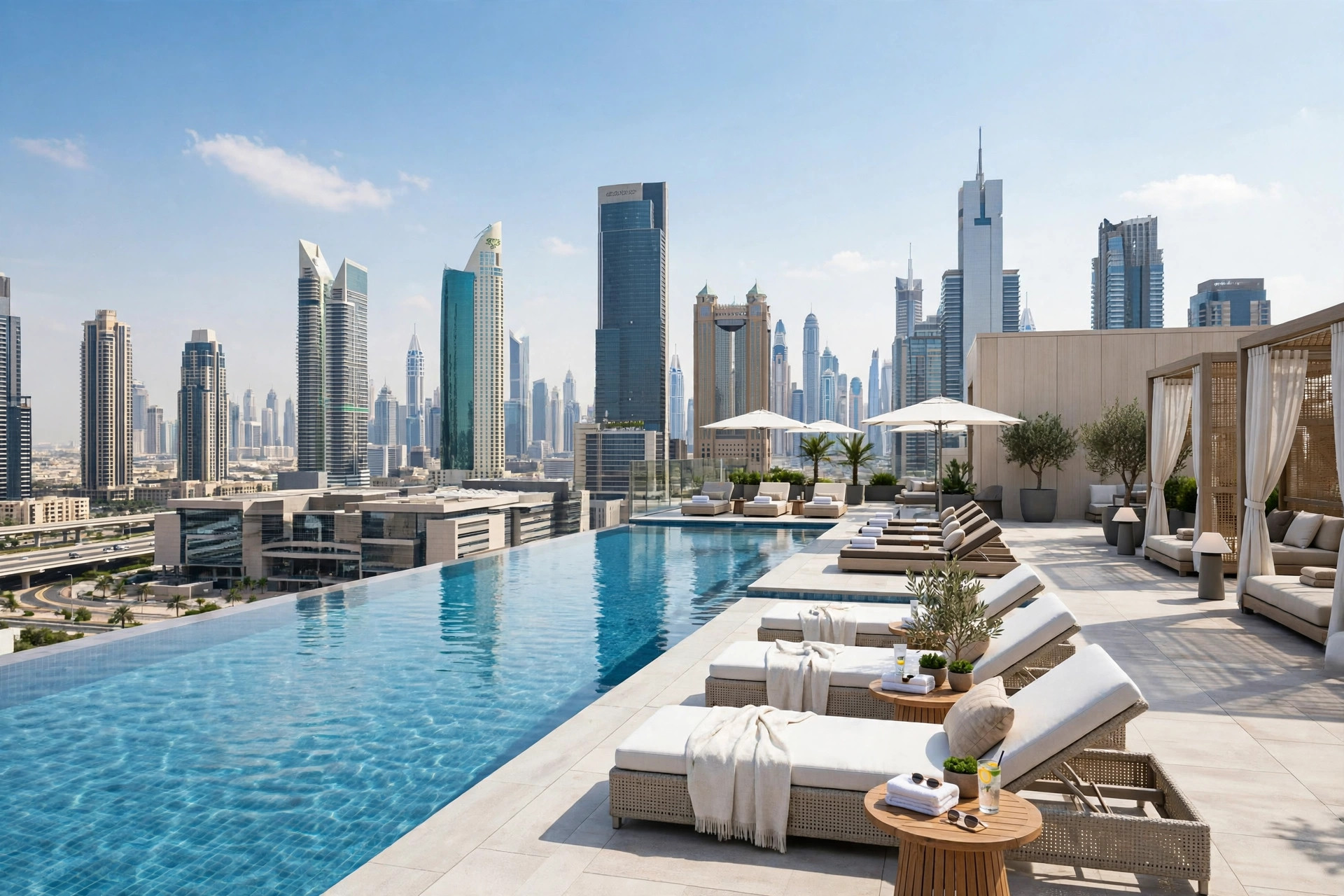 Rooftop pool at a luxury serviced residence in Dubai World Trade Centre district
