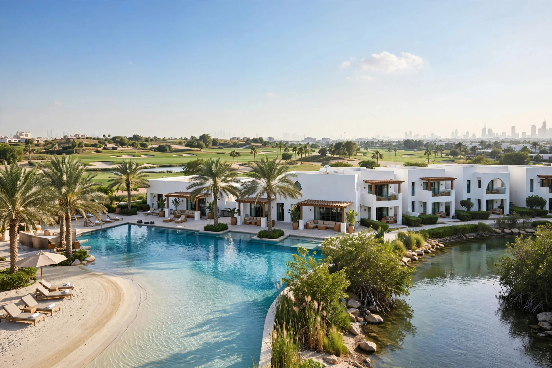 Lagoon beach pool at a Creek-side luxury resort in Dubai with palm trees and golf course