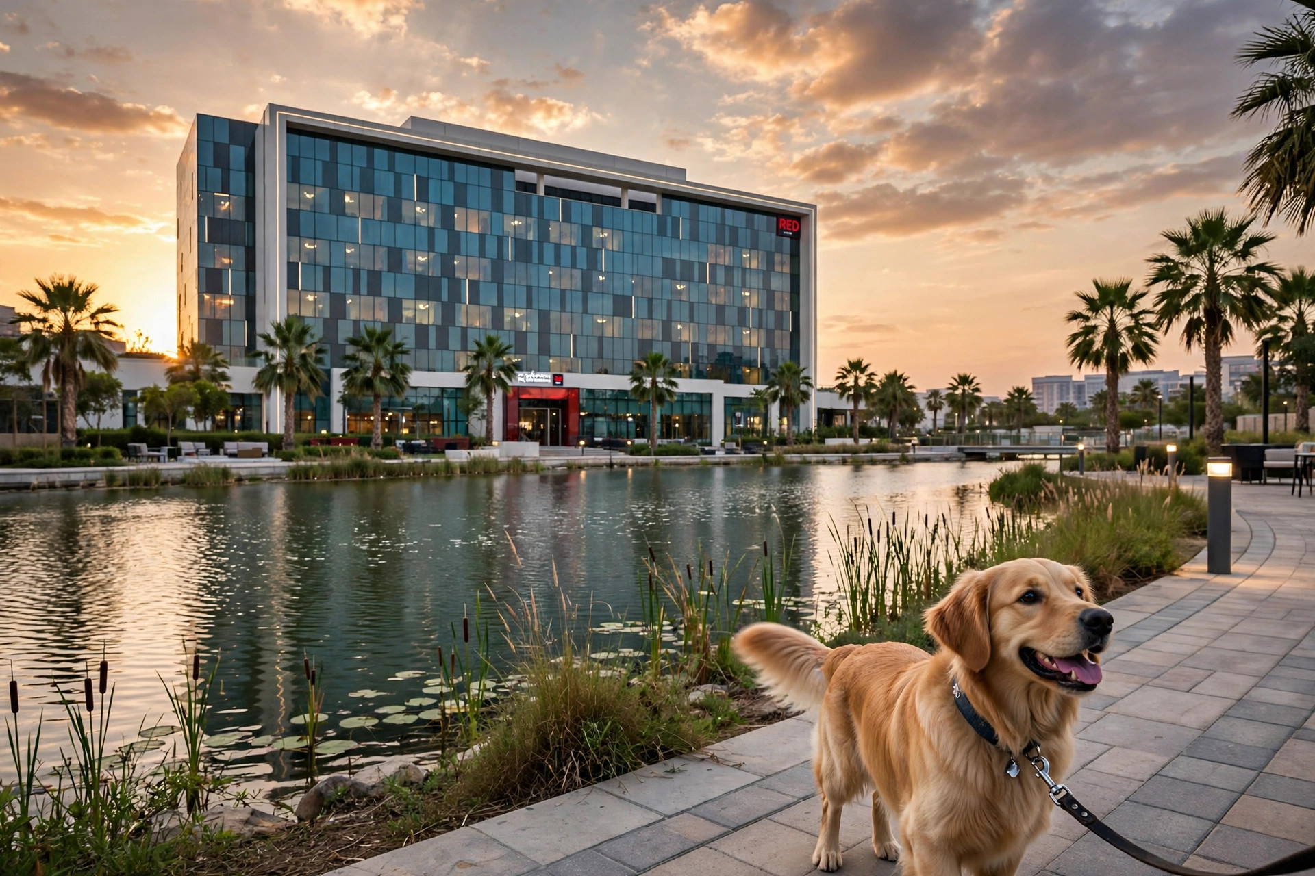 Dog enjoying a walk beside a lake at sunset near a hotel in Dubai Silicon Oasis