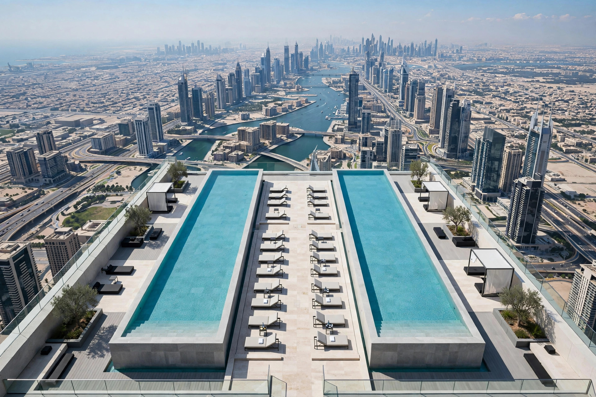Twin infinity pools on the 75th floor rooftop at SLS Dubai in Business Bay