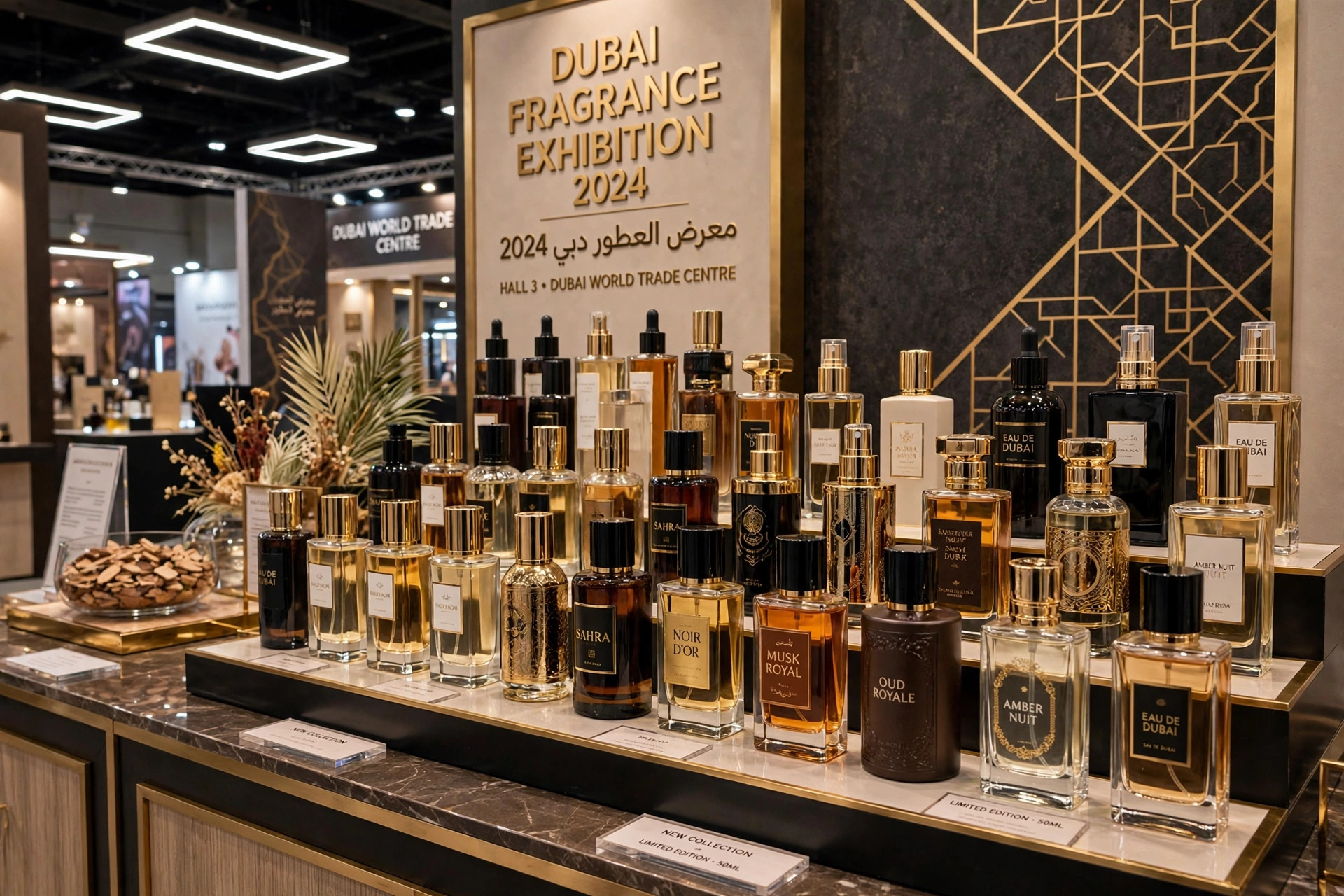 Rows of perfume bottles displayed at a fragrance exhibition stand in Dubai