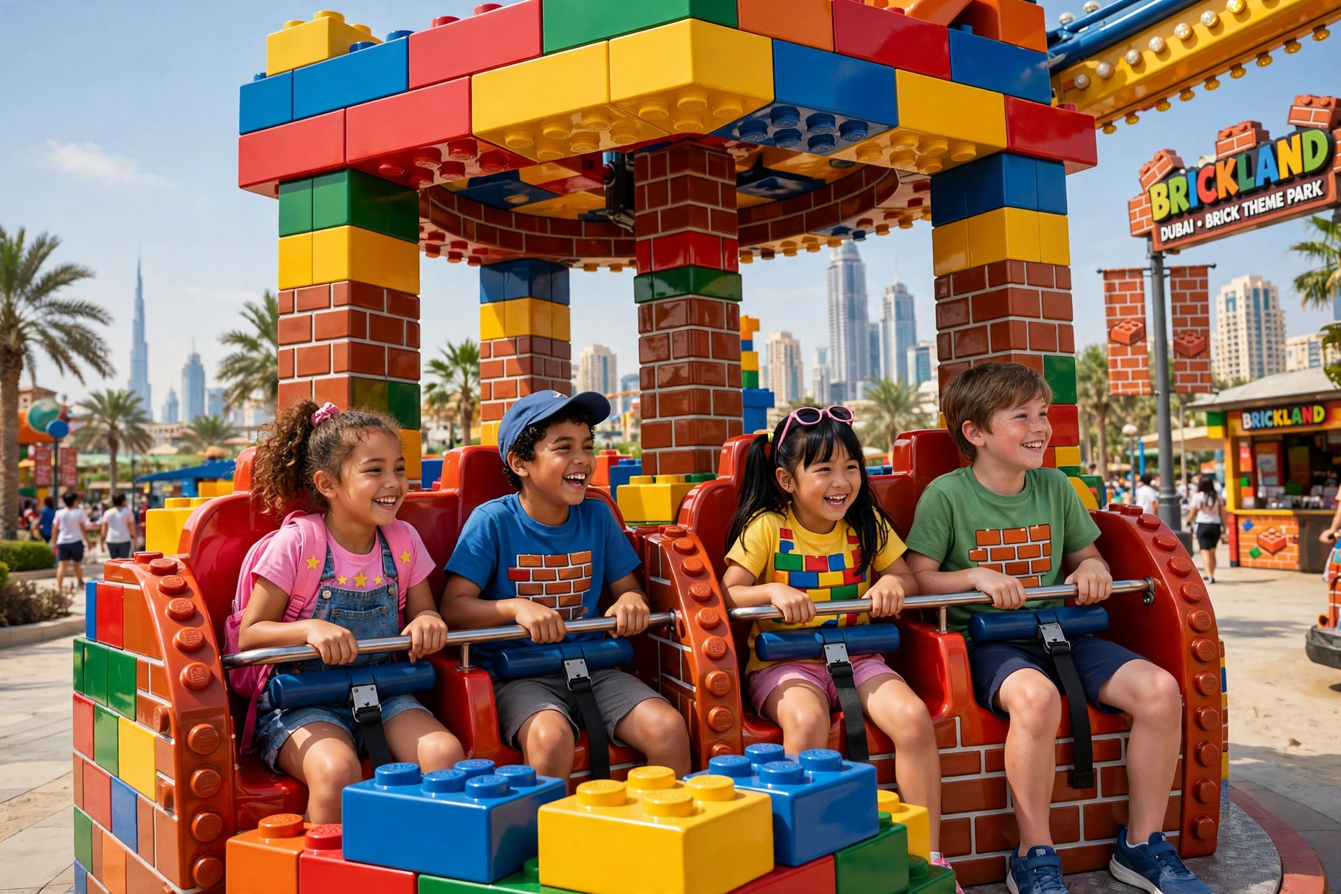 Children enjoying a colourful ride at LEGOLAND Dubai on a sunny day