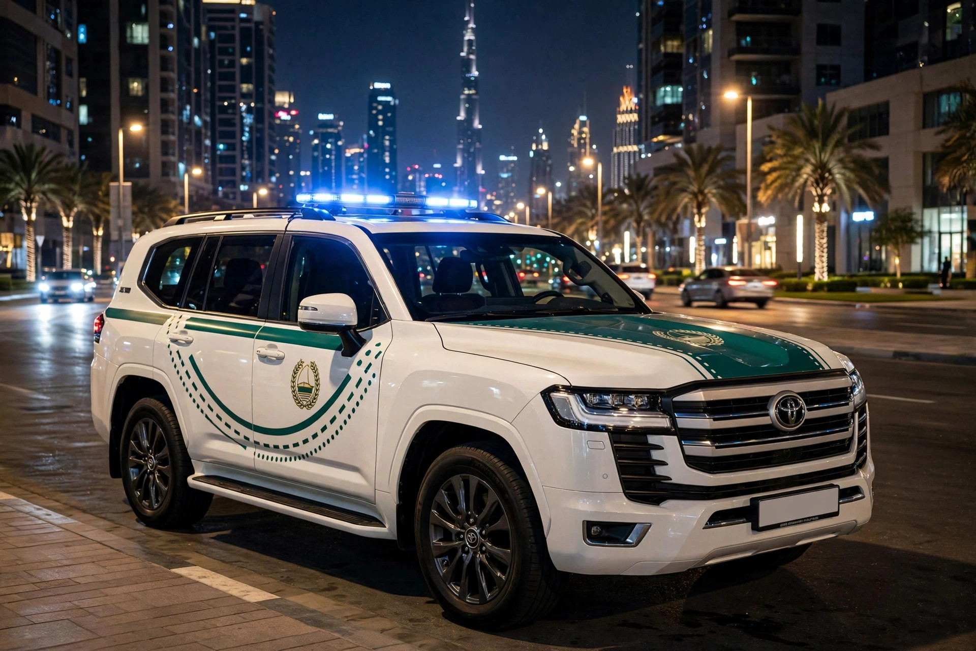 Dubai Police patrol vehicle on a city street at night