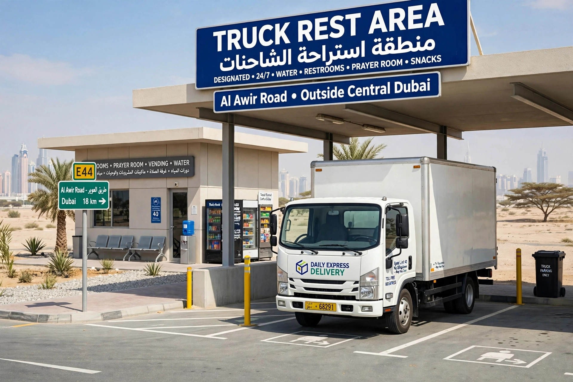 A delivery truck parked at a designated rest area outside central Dubai
