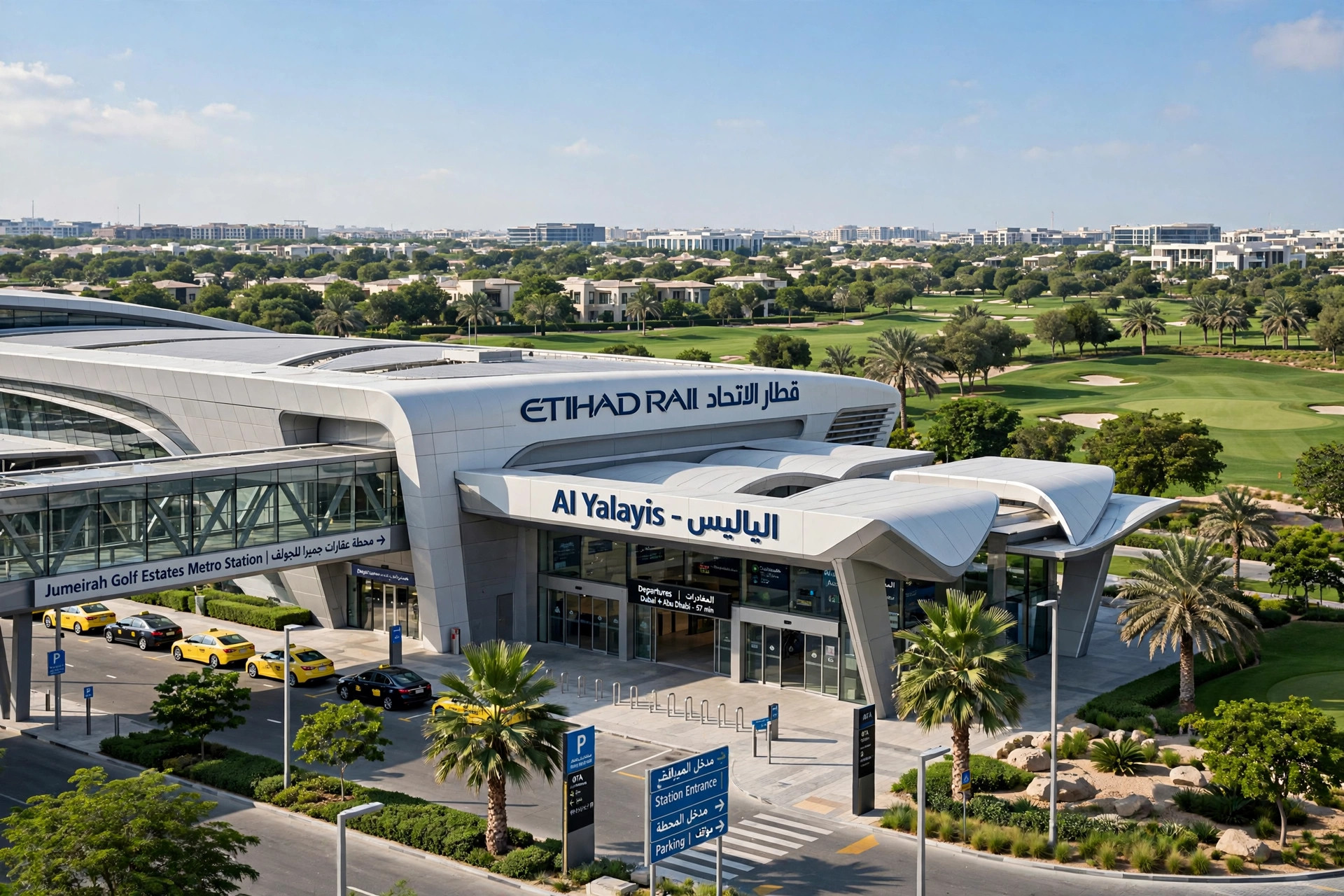 Dubai Al Yalayis Etihad Rail station exterior near Jumeirah Golf Estates in daylight