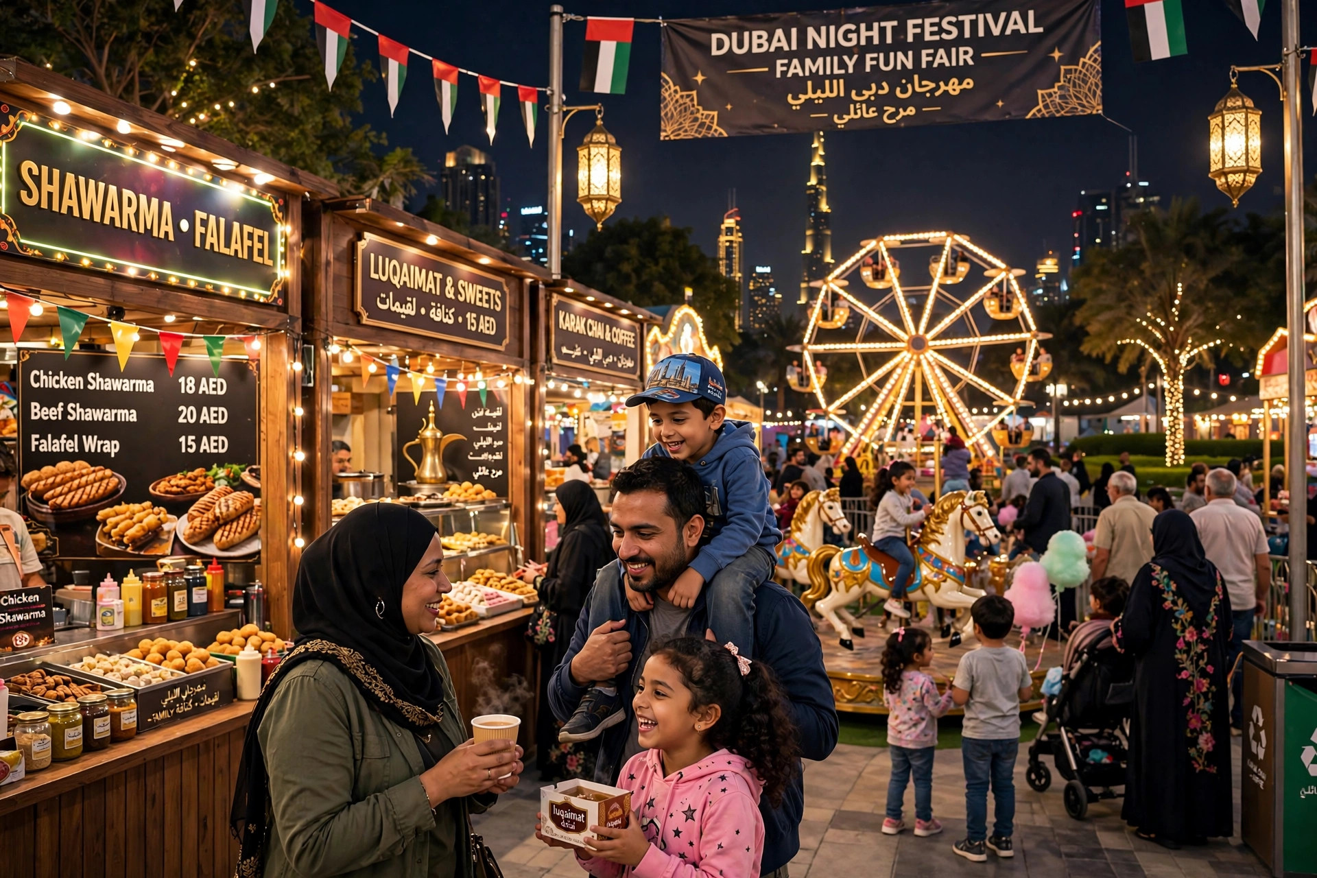 Families enjoying fairground rides and food stalls at Global Village Dubai