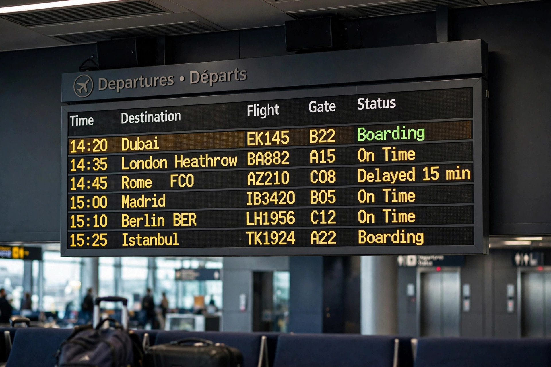 European city airport departure board showing a flight to Dubai