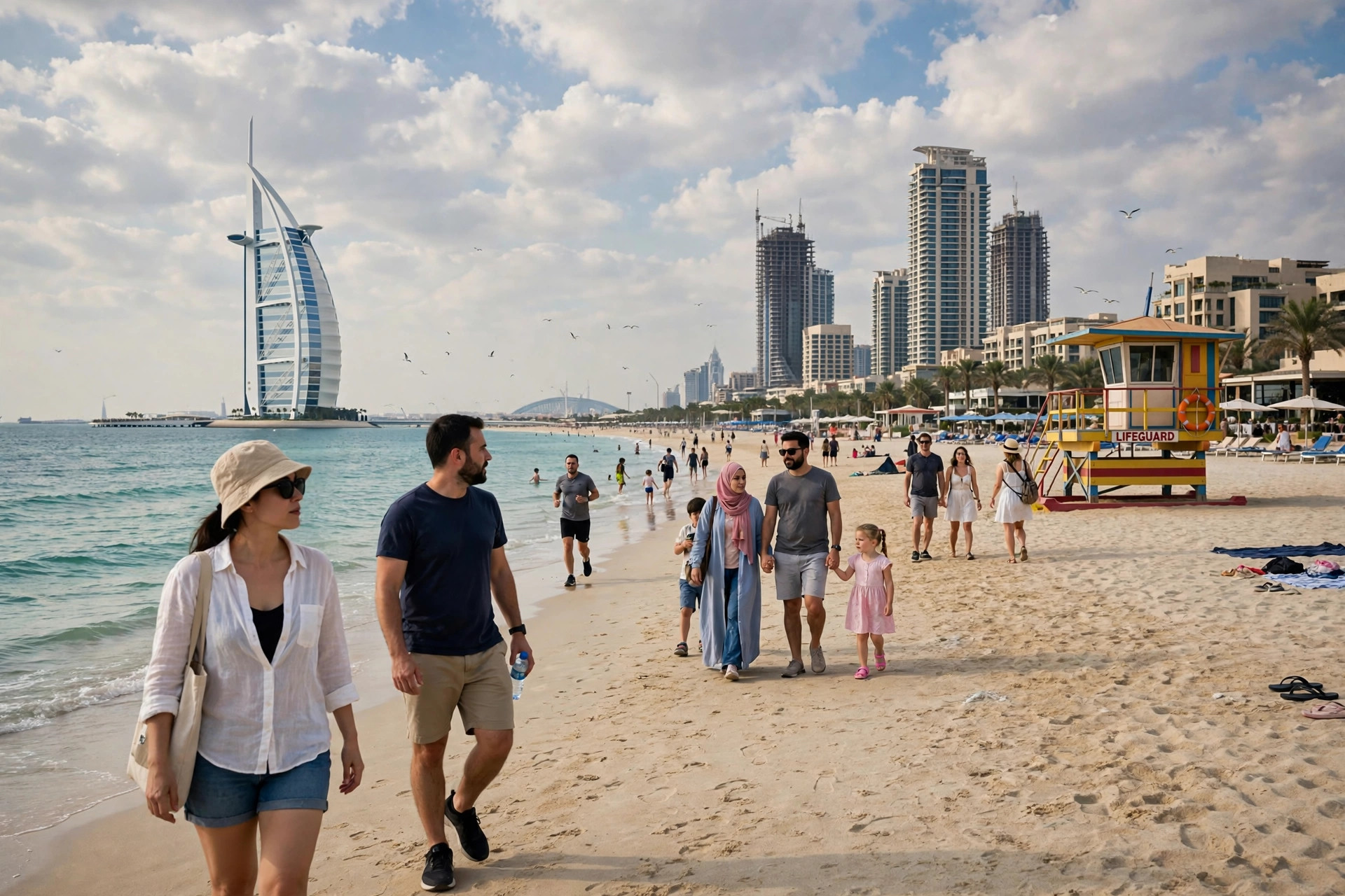 Visitors walking on a Dubai beach under a partly cloudy October sky