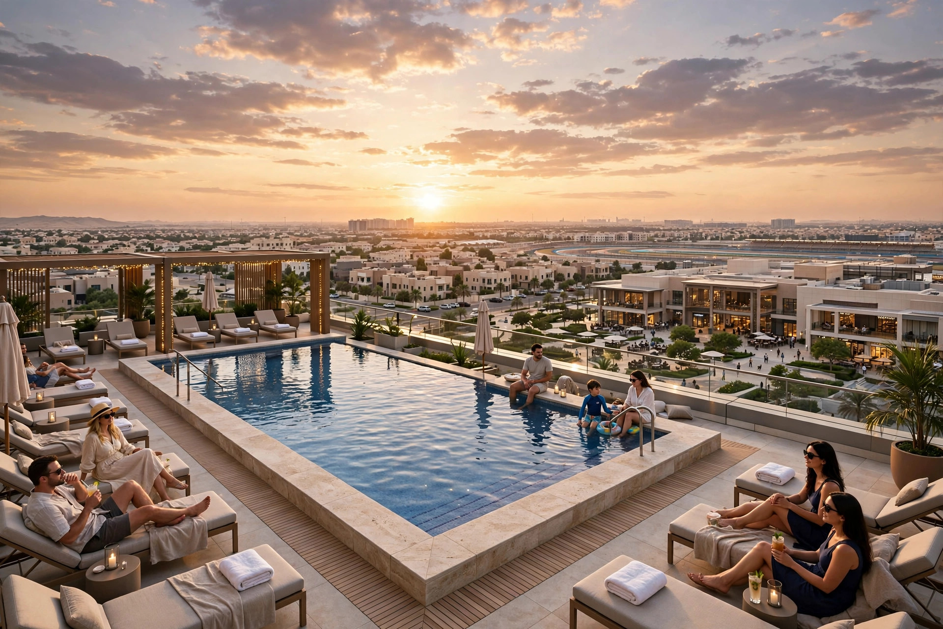 Rooftop pool at a four-star hotel in Dubai Motor City at sunset