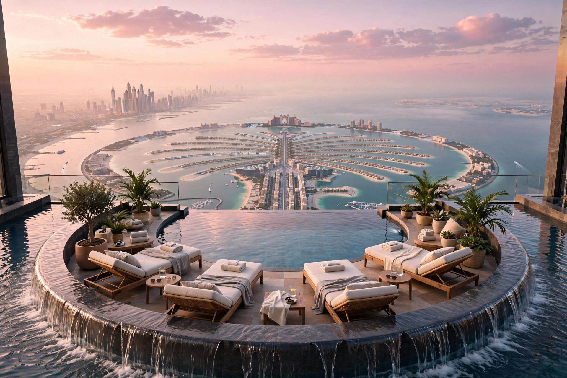 360-degree infinity pool at sunrise high above Palm Jumeirah
