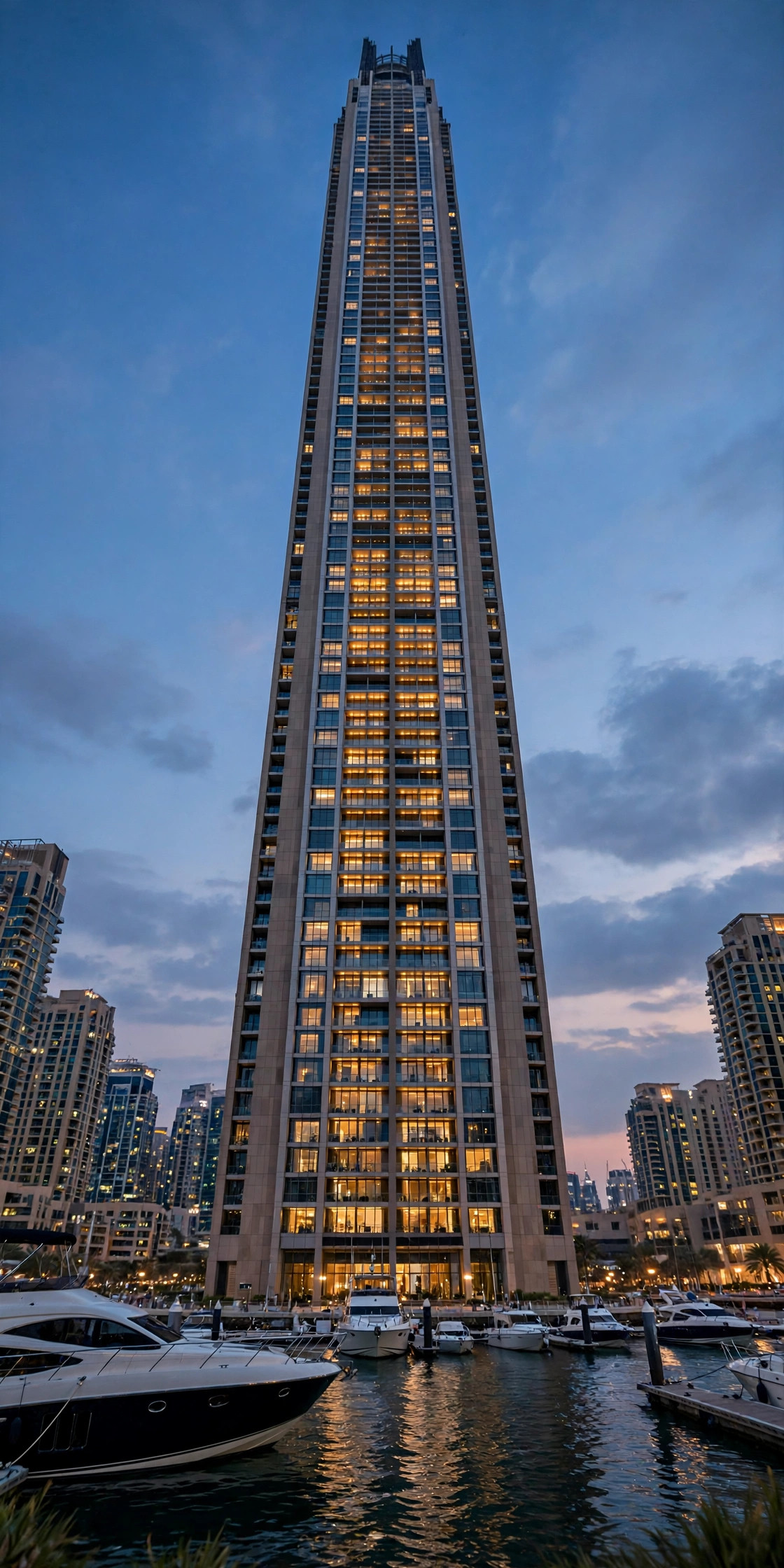 Ciel Dubai Marina, the world's tallest hotel, rising above Dubai Marina at dusk