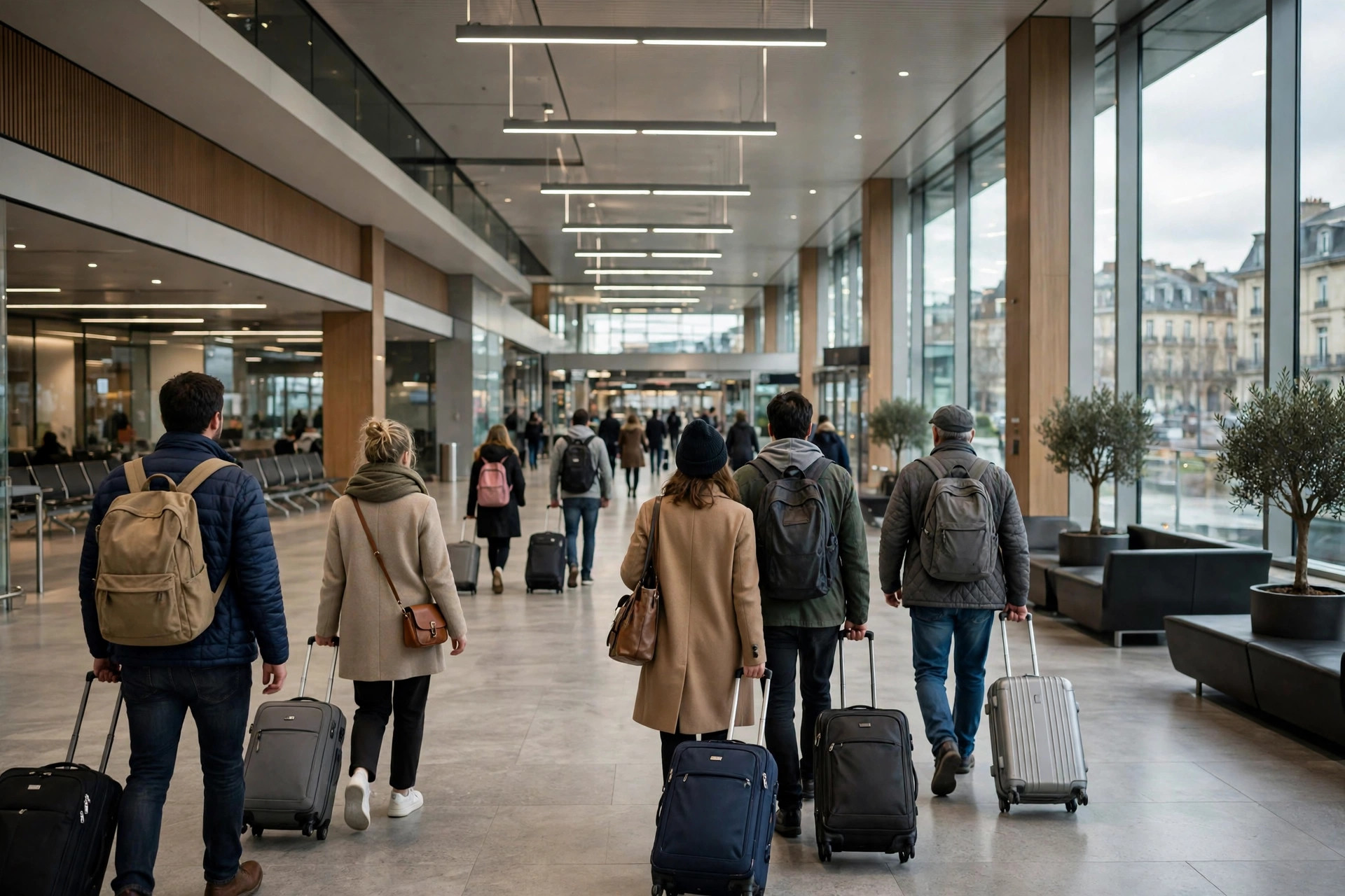 European airport departure hall with travellers heading to gates