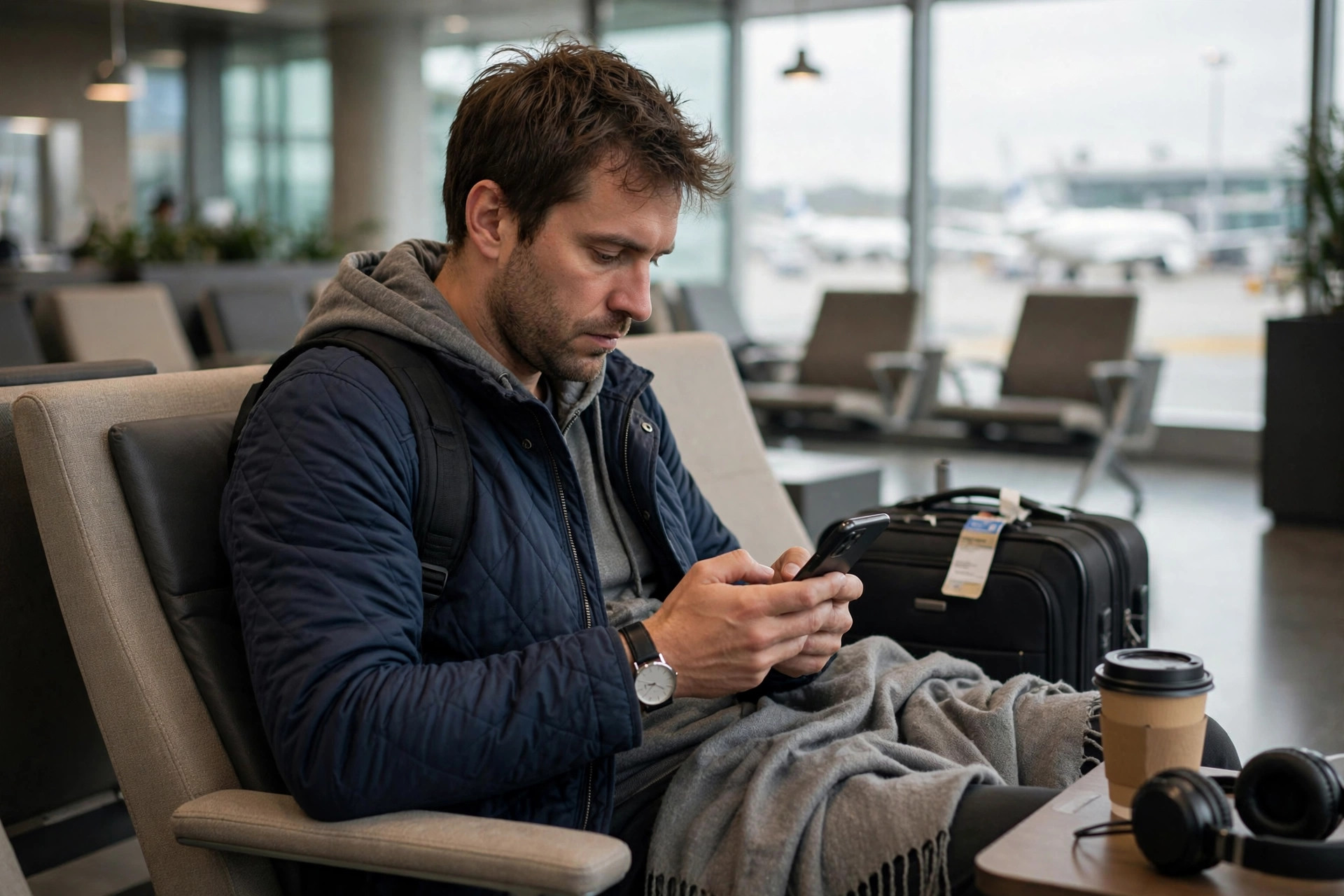 Traveller rebooking a flight on a phone in an airport lounge