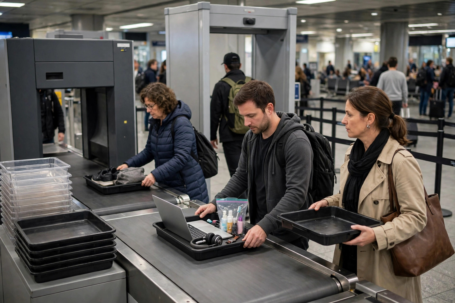 Airport security screening area with passengers passing through checkpoints