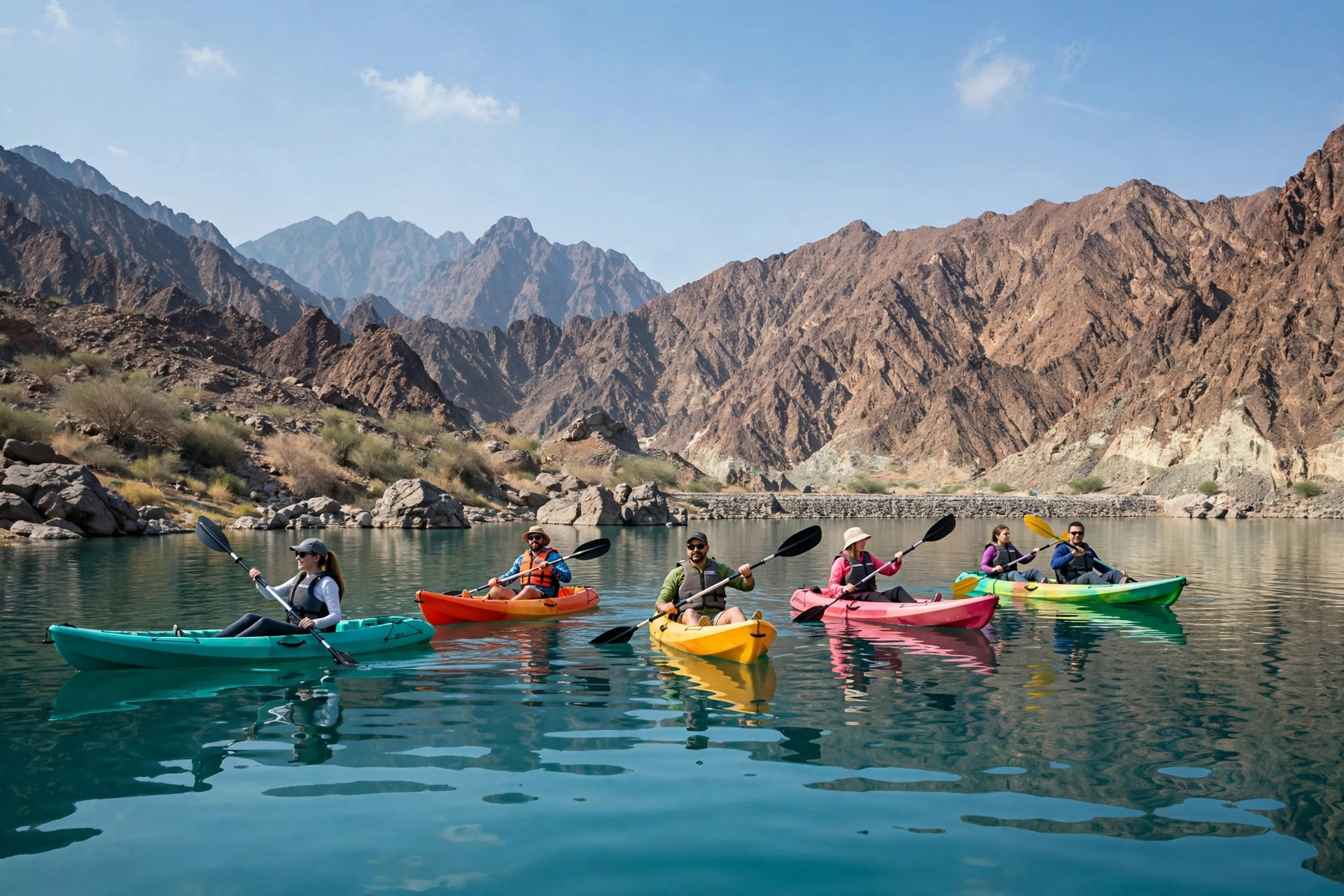 Kayaks on the calm water of Hatta dam surrounded by Hajar mountains