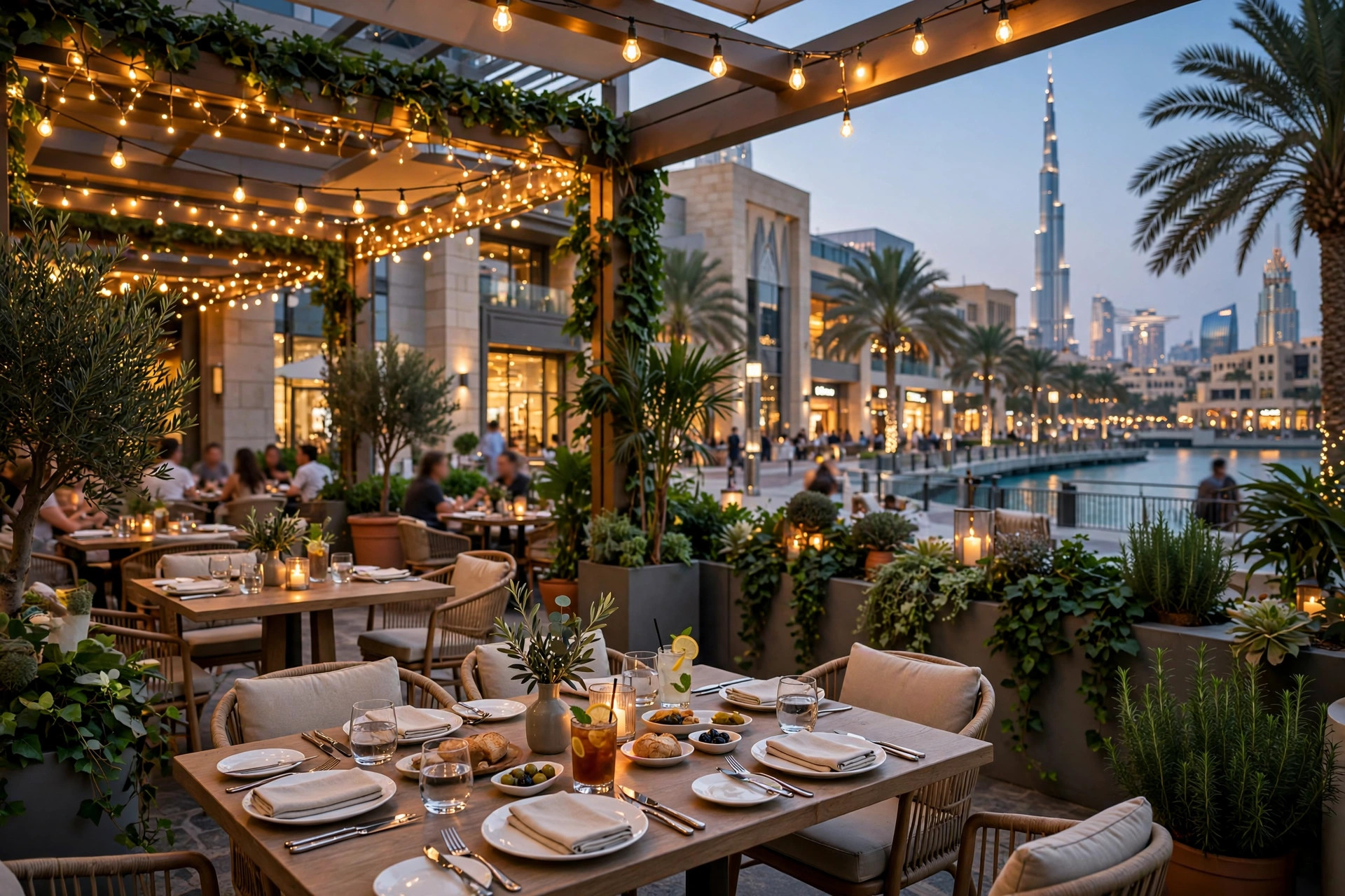 Outdoor dining terrace with tables and greenery in warm evening light