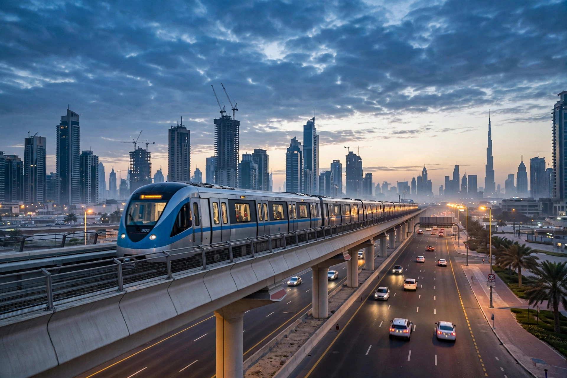 Dubai Metro train crossing the city at dawn with light traffic below