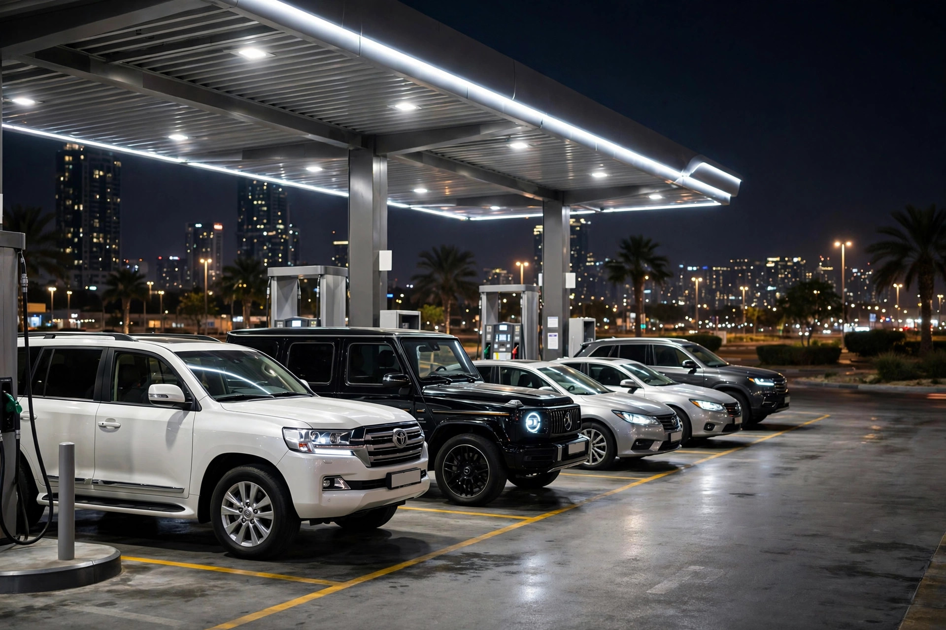 Cars queuing at a Dubai petrol station at night