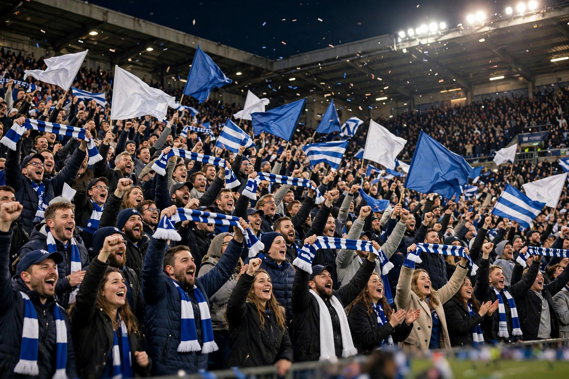 Football stadium crowd celebrating a goal with flags and scarves raised